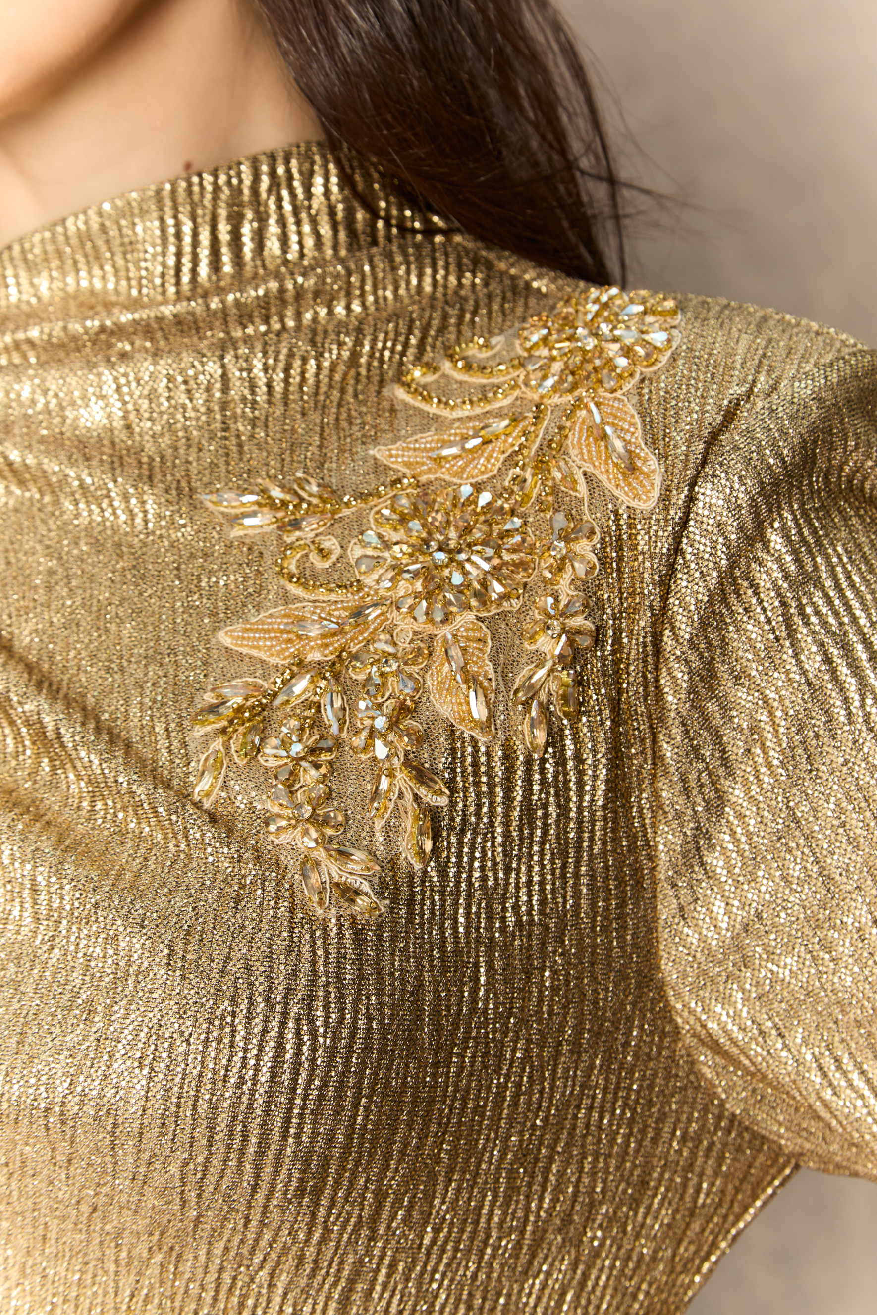 Brilliant Allure Gold Floral Embellished Texture Midi Dress