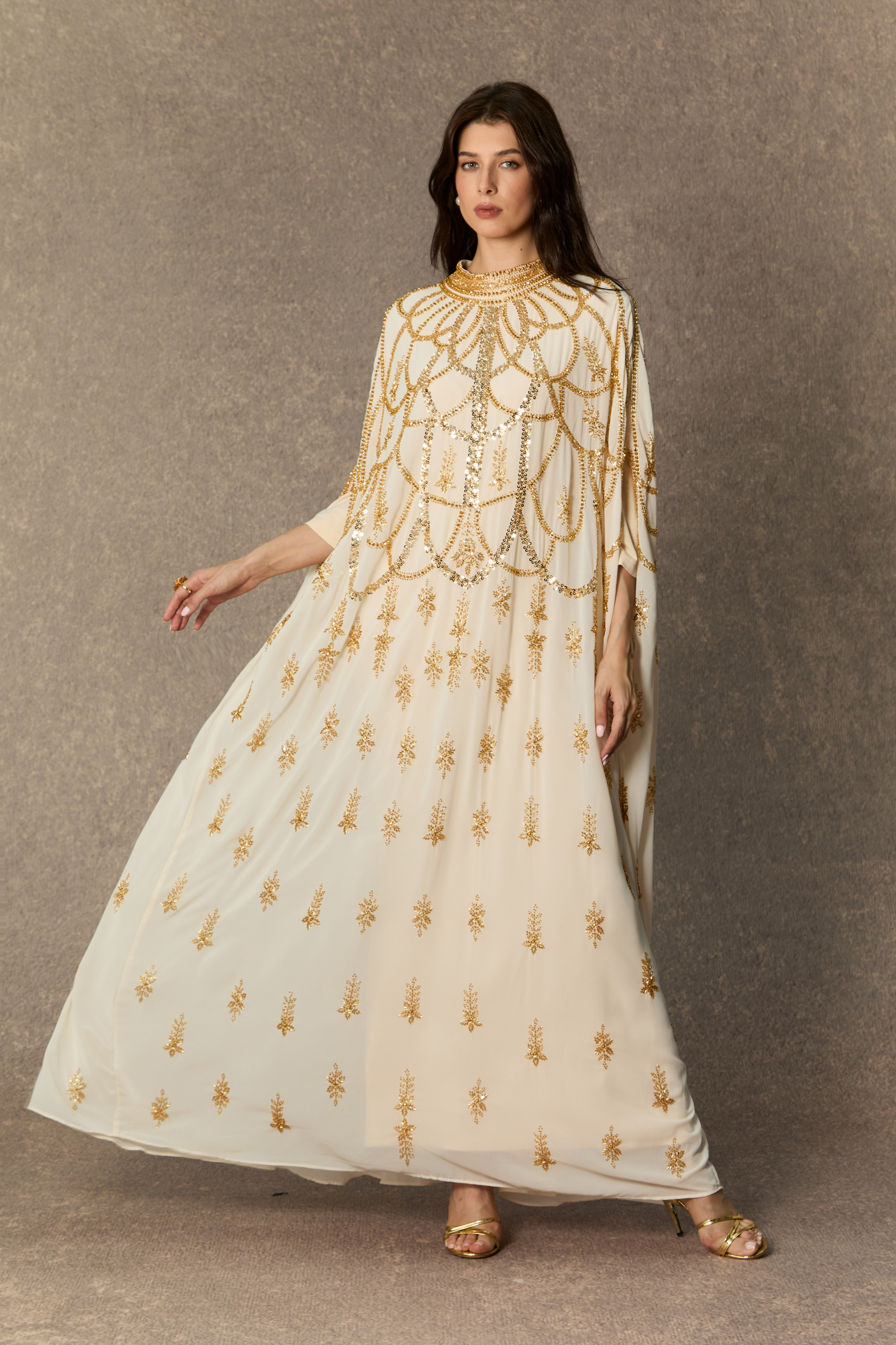 Perfectly Luxurious Beige Sequin Embroidered Maxi Kaftan