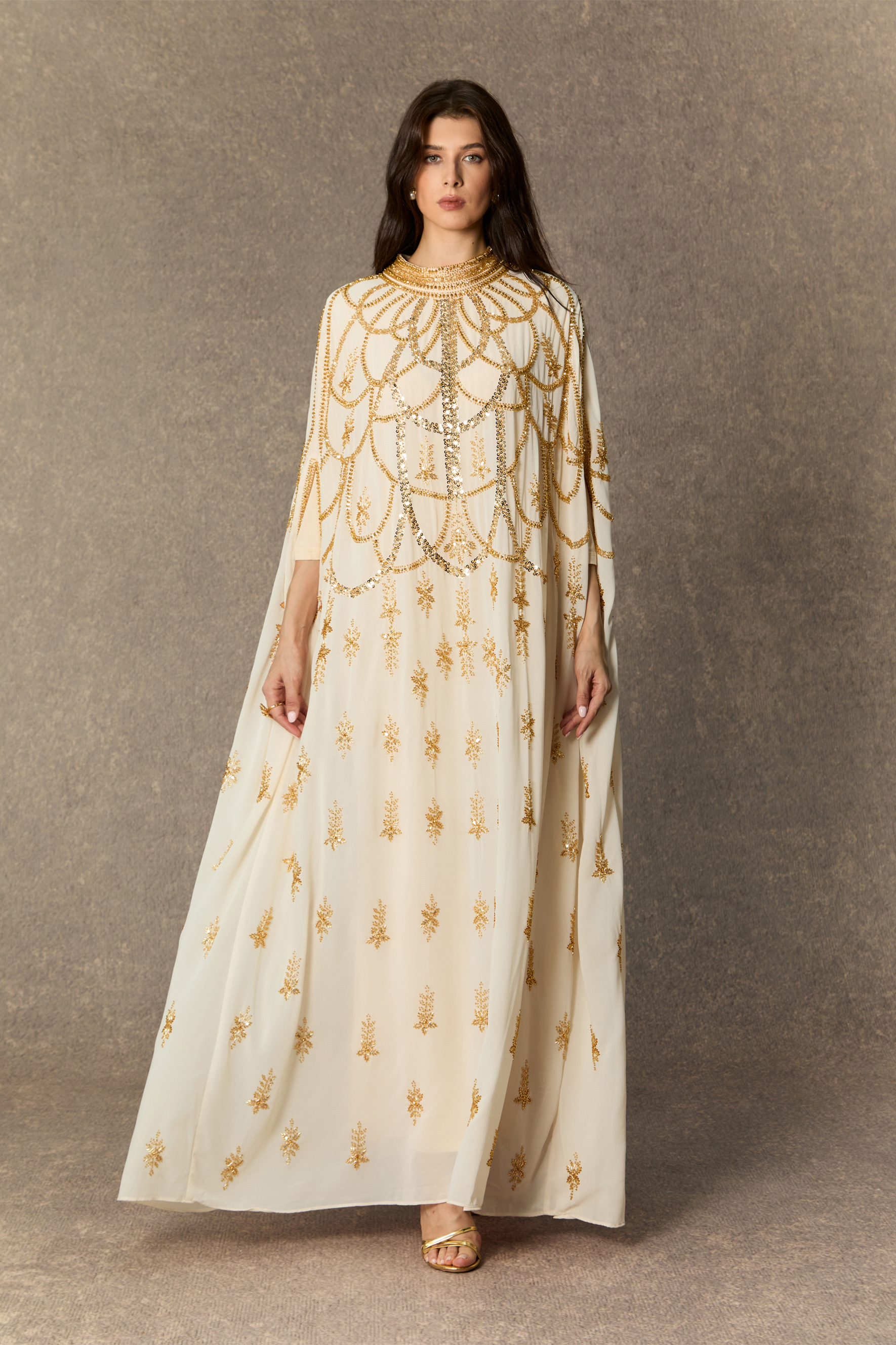 Perfectly Luxurious Beige Sequin Embroidered Maxi Kaftan