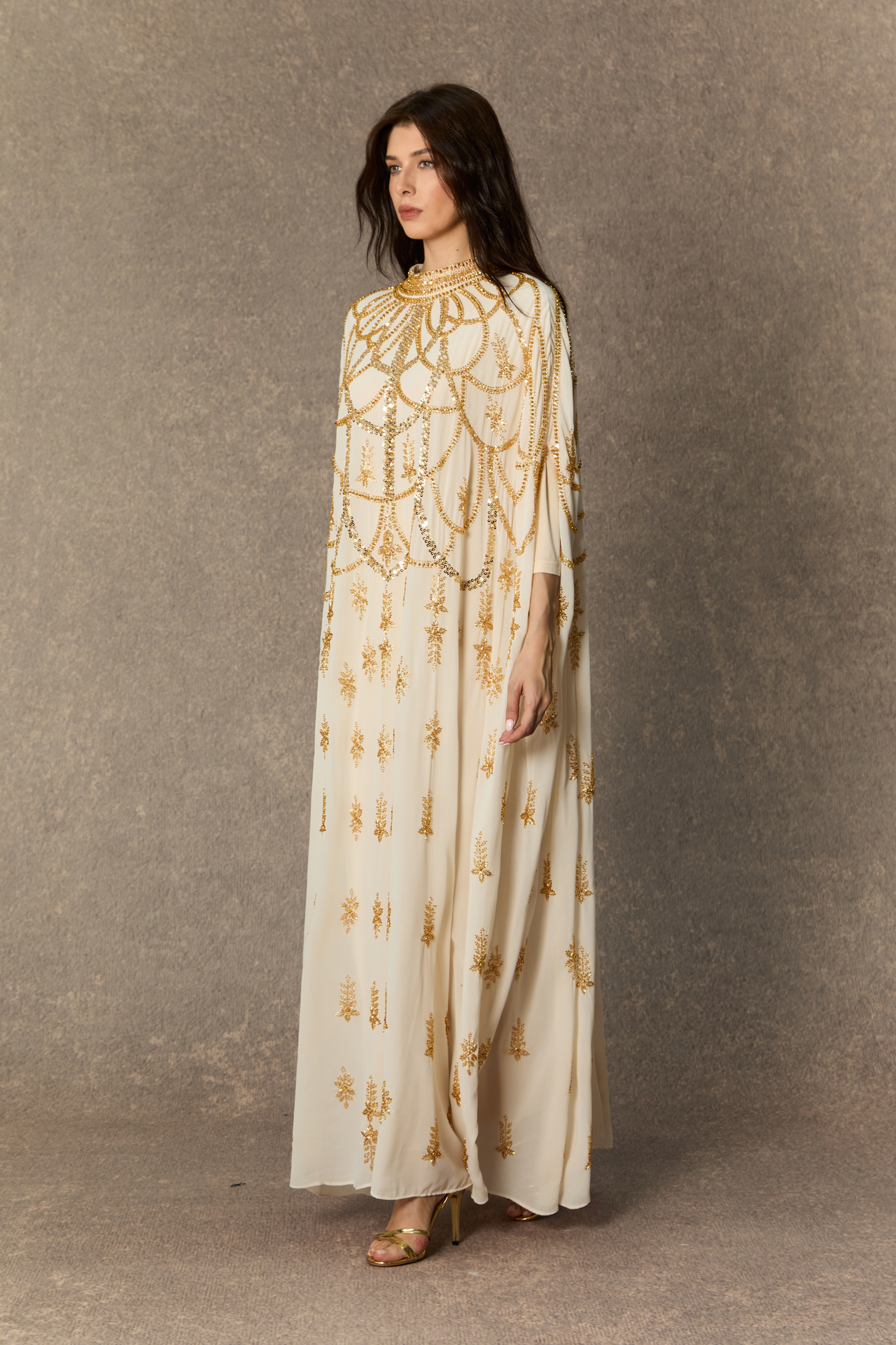 Perfectly Luxurious Beige Sequin Embroidered Maxi Kaftan