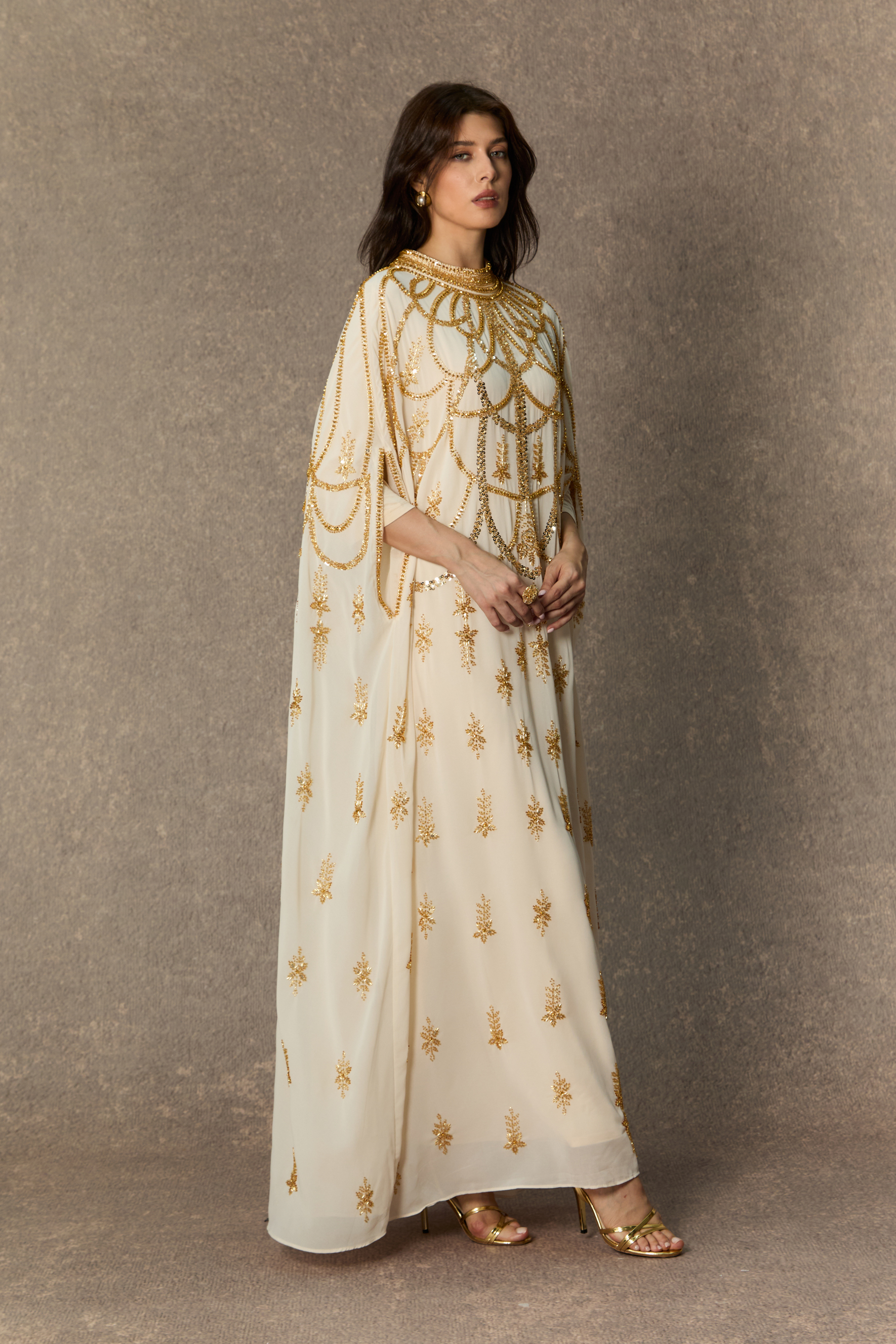 Perfectly Luxurious Beige Sequin Embroidered Maxi Kaftan