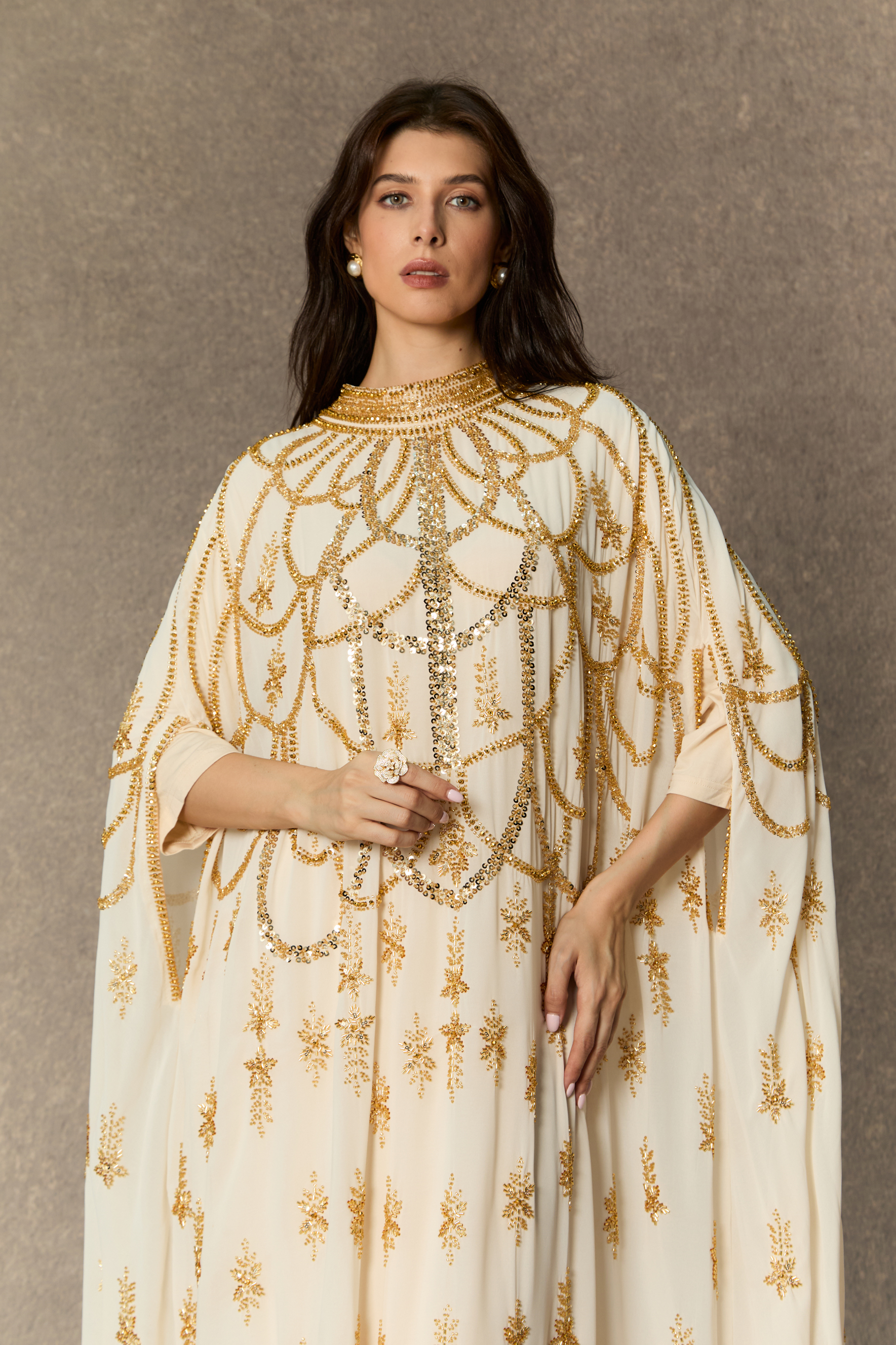 Perfectly Luxurious Beige Sequin Embroidered Maxi Kaftan