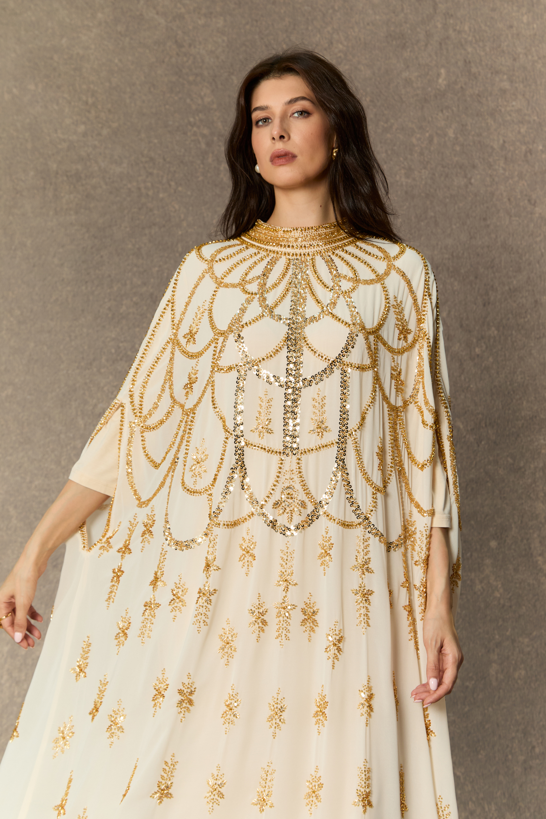 Perfectly Luxurious Beige Sequin Embroidered Maxi Kaftan