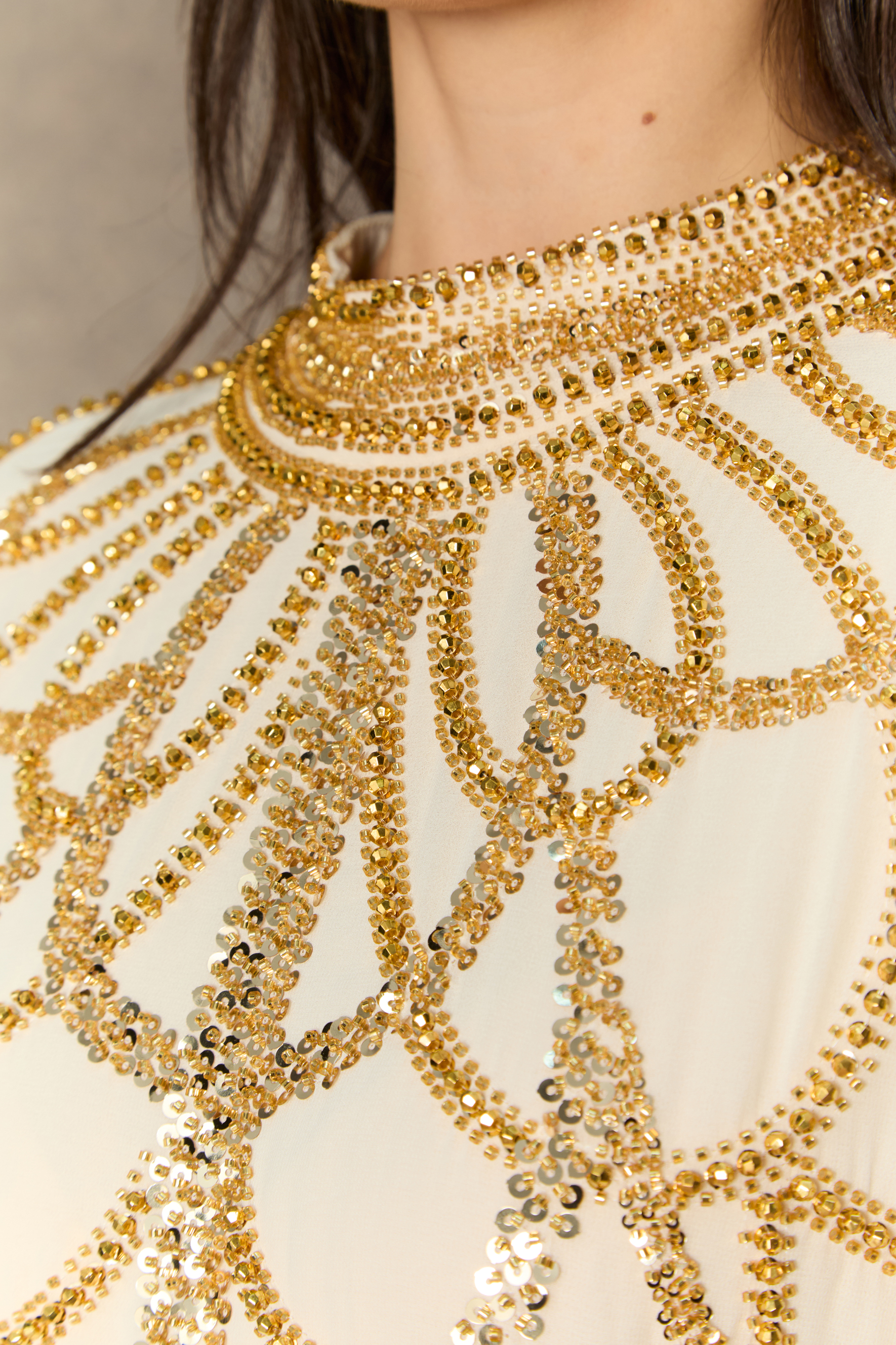 Perfectly Luxurious Beige Sequin Embroidered Maxi Kaftan