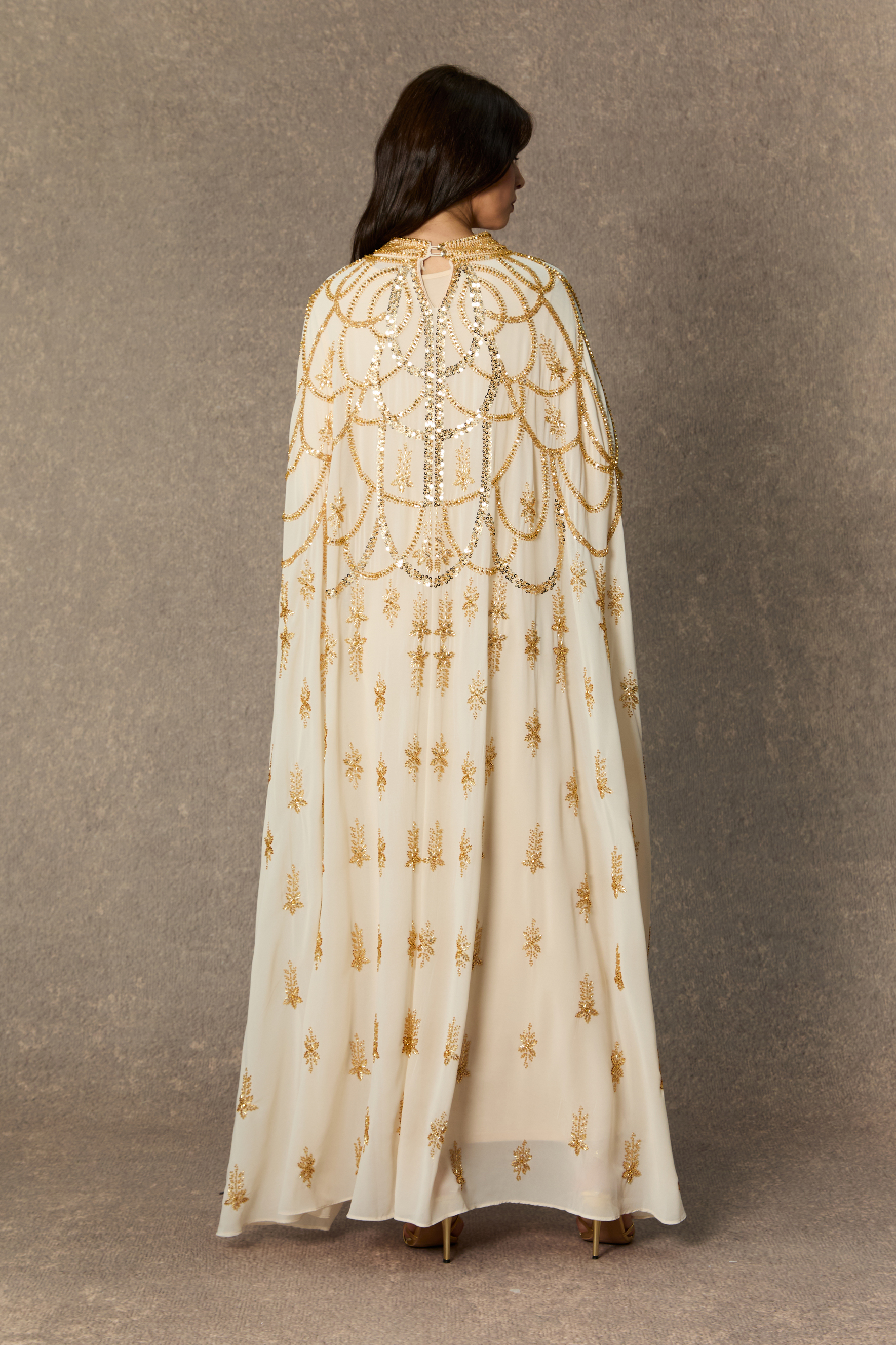 Perfectly Luxurious Beige Sequin Embroidered Maxi Kaftan