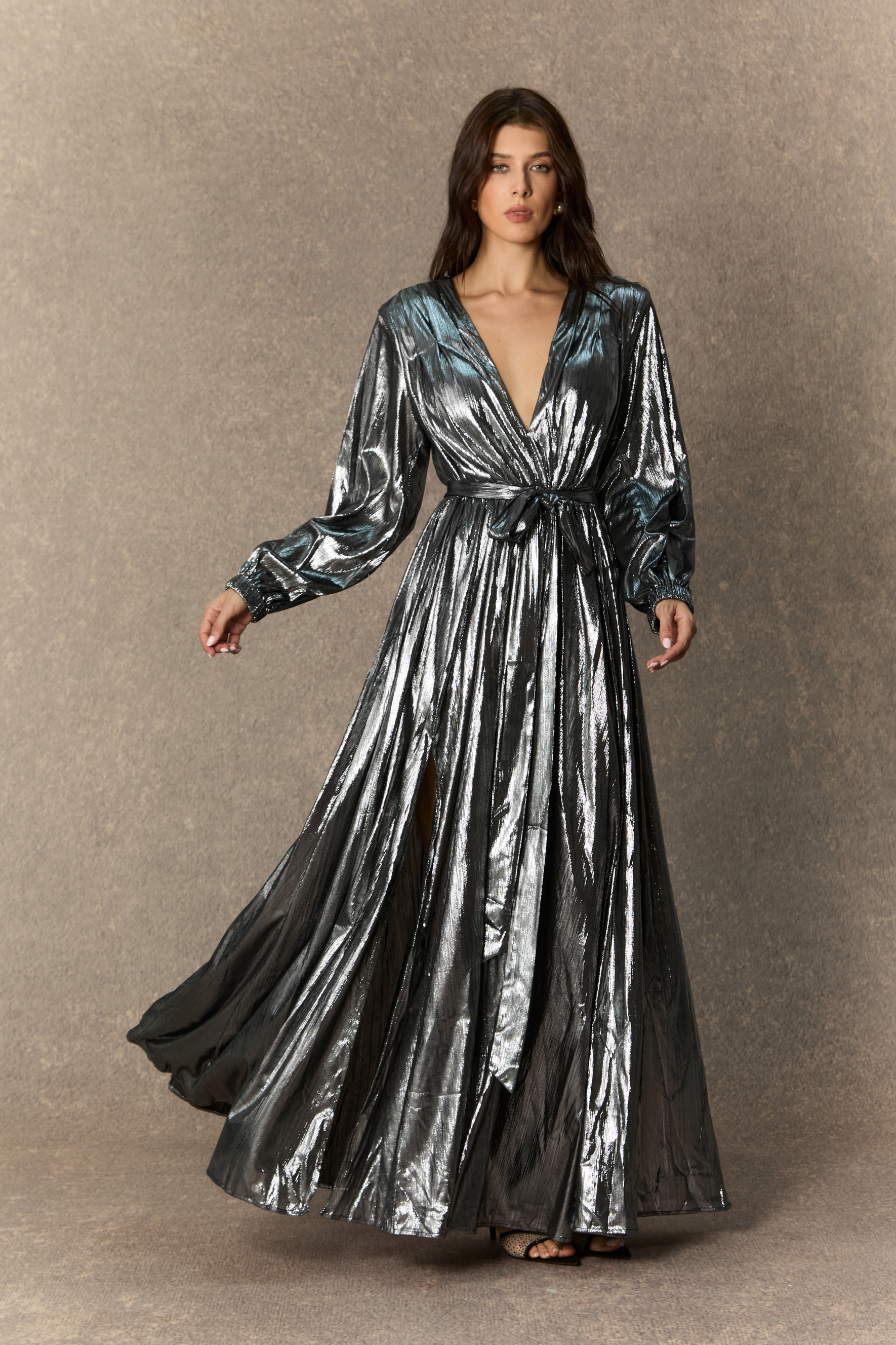 Stylish Invitation Silver Plunging V‑Neck Maxi Dress
