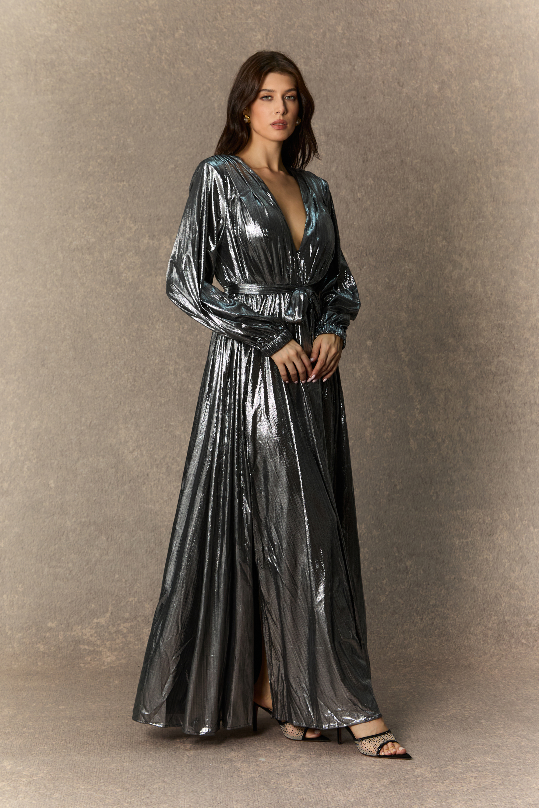 Stylish Invitation Silver Plunging V‑Neck Maxi Dress