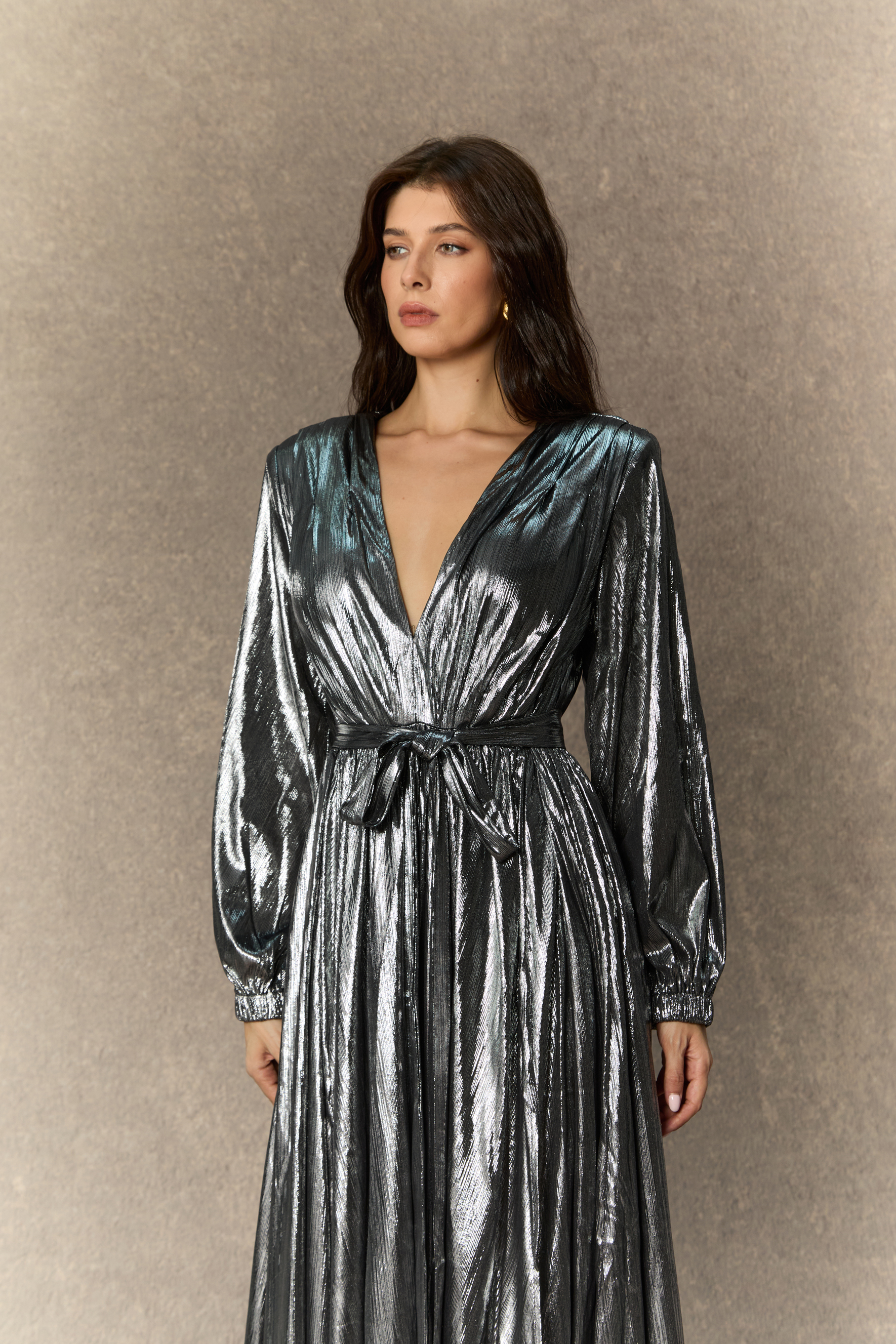 Stylish Invitation Silver Plunging V‑Neck Maxi Dress