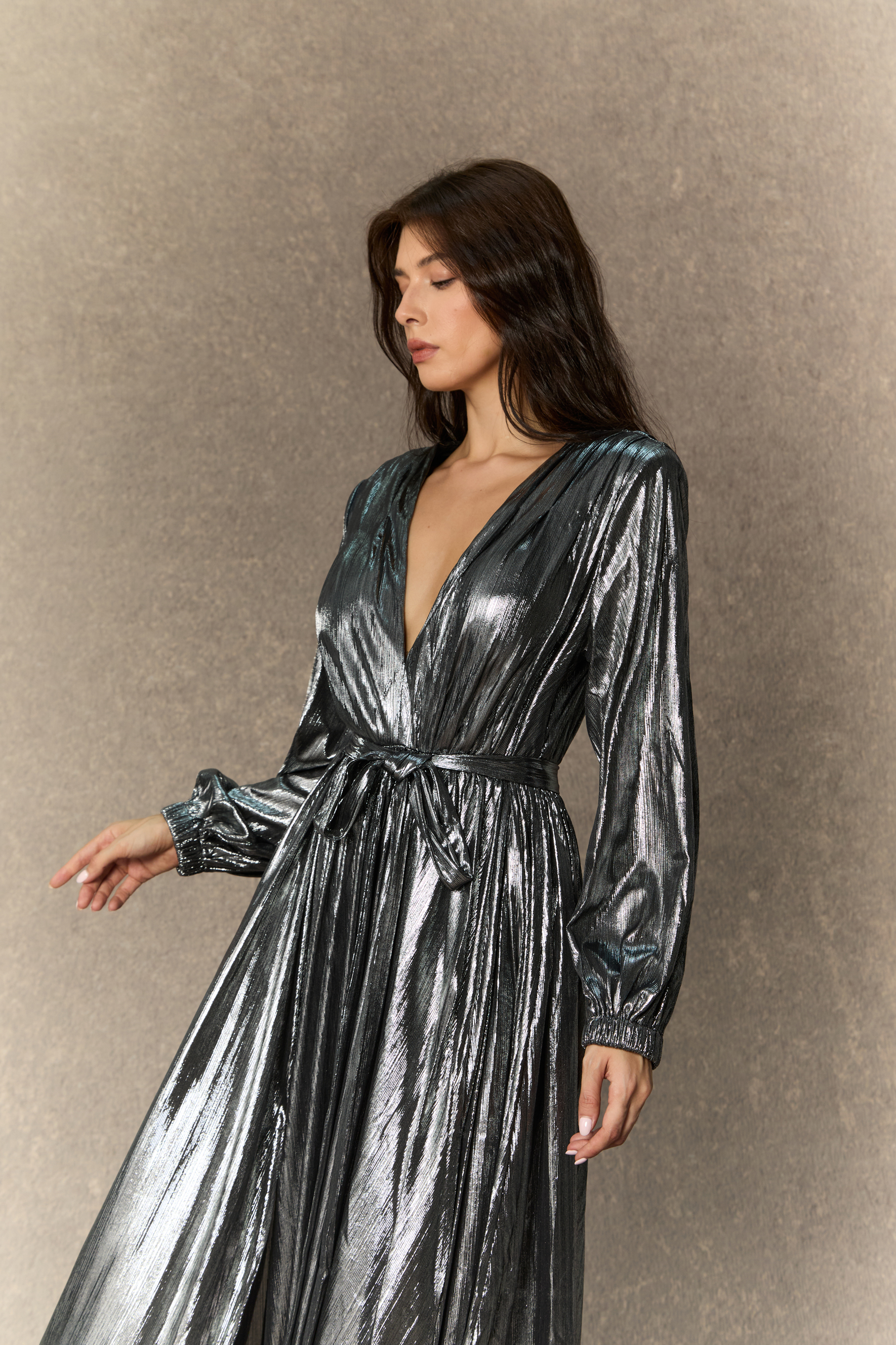 Stylish Invitation Silver Plunging V‑Neck Maxi Dress