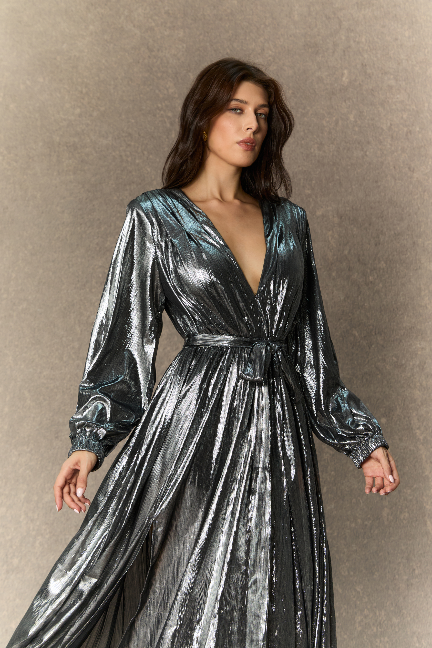 Stylish Invitation Silver Plunging V‑Neck Maxi Dress