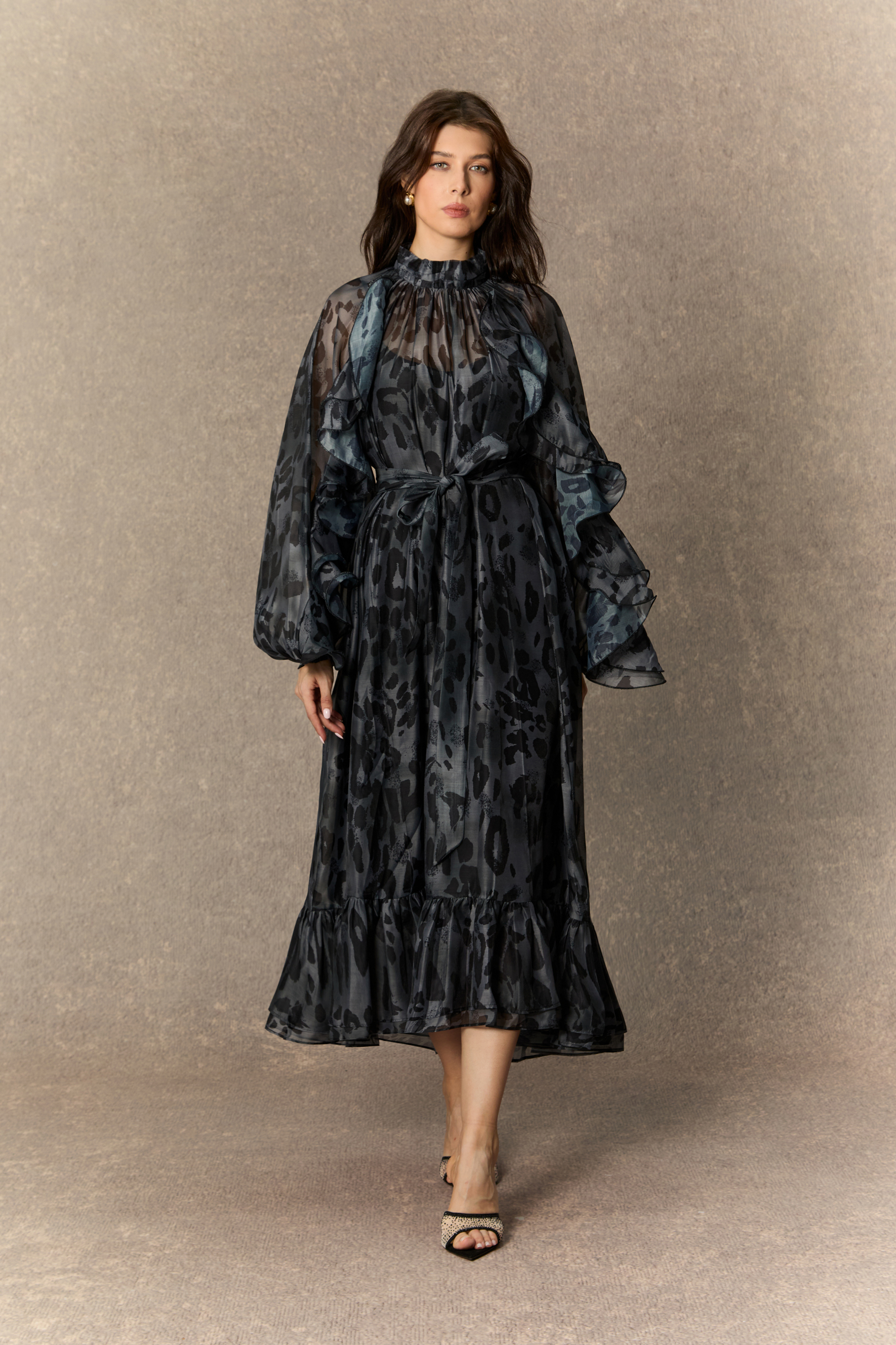 Wild Charm Black Leopard Print Ruffled Midi Dress