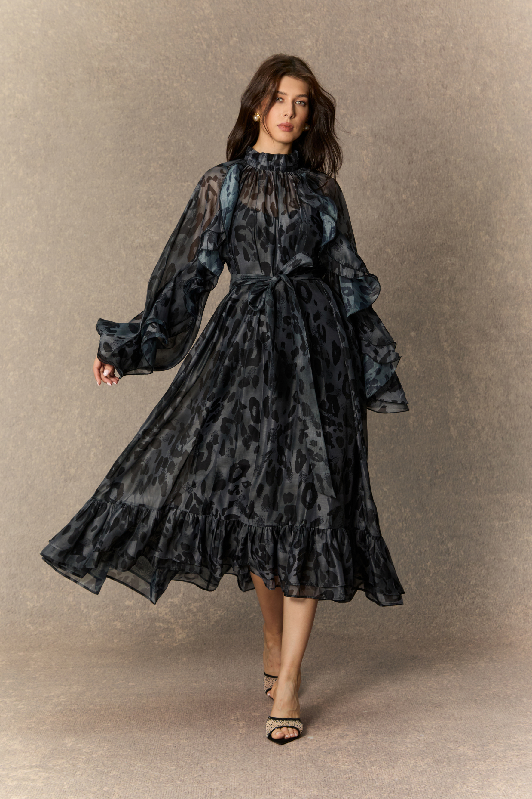 Wild Charm Black Leopard Print Ruffled Midi Dress