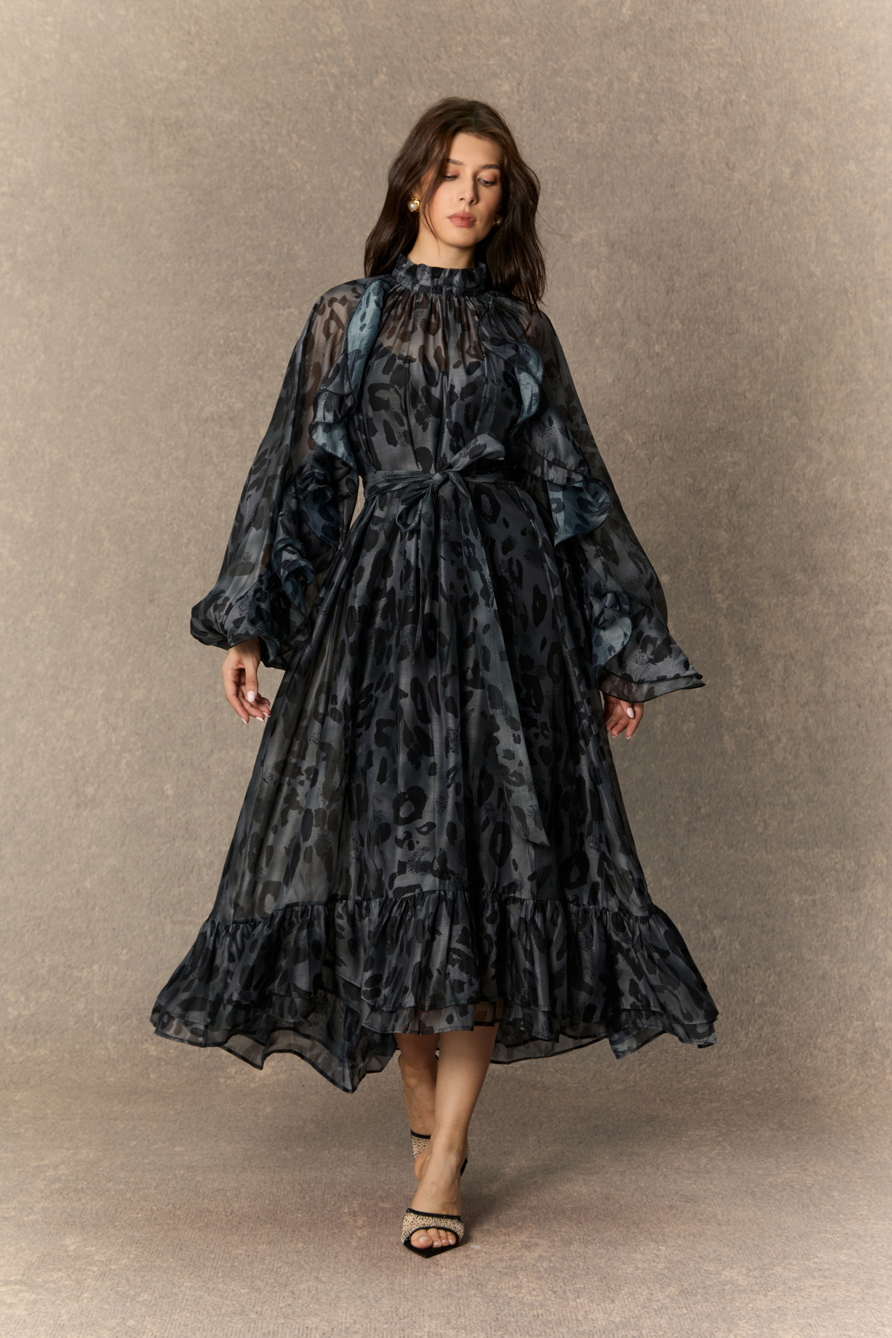 Wild Charm Black Leopard Print Ruffled Midi Dress