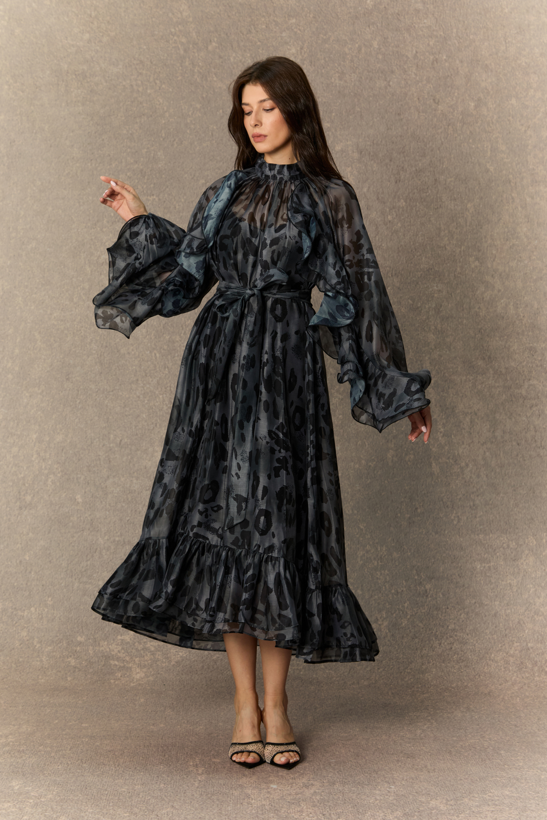 Wild Charm Black Leopard Print Ruffled Midi Dress