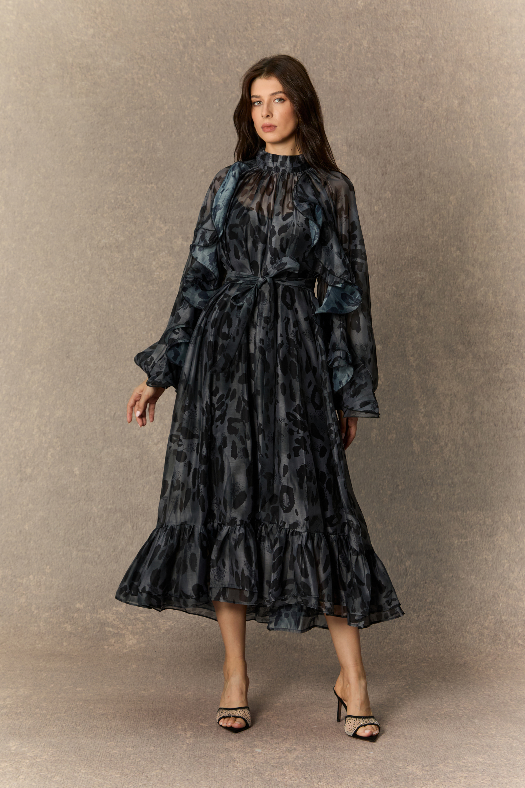 Wild Charm Black Leopard Print Ruffled Midi Dress