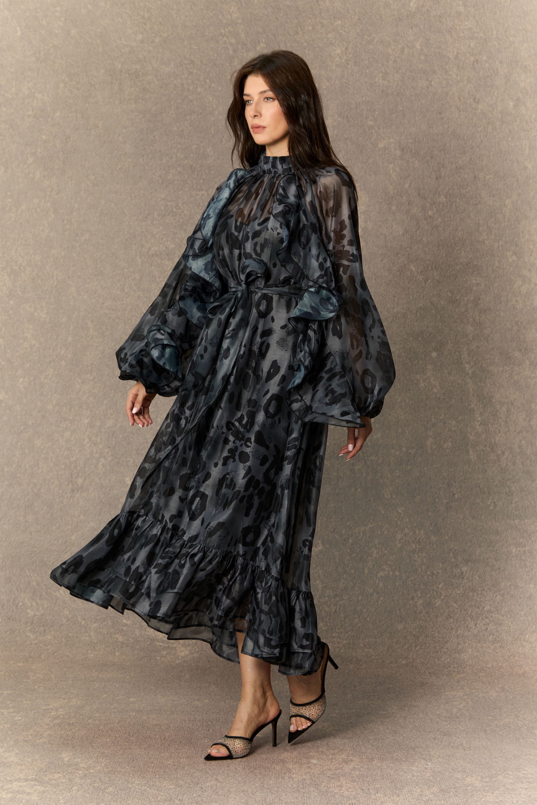 Wild Charm Black Leopard Print Ruffled Midi Dress