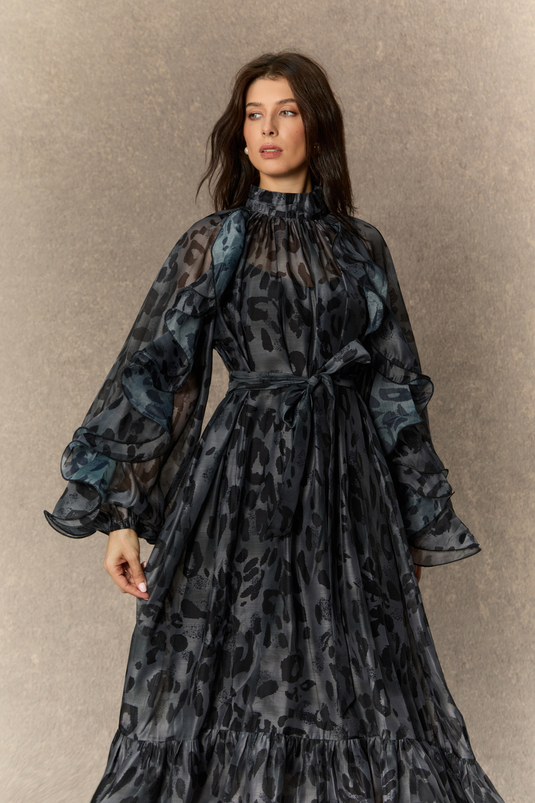 Wild Charm Black Leopard Print Ruffled Midi Dress