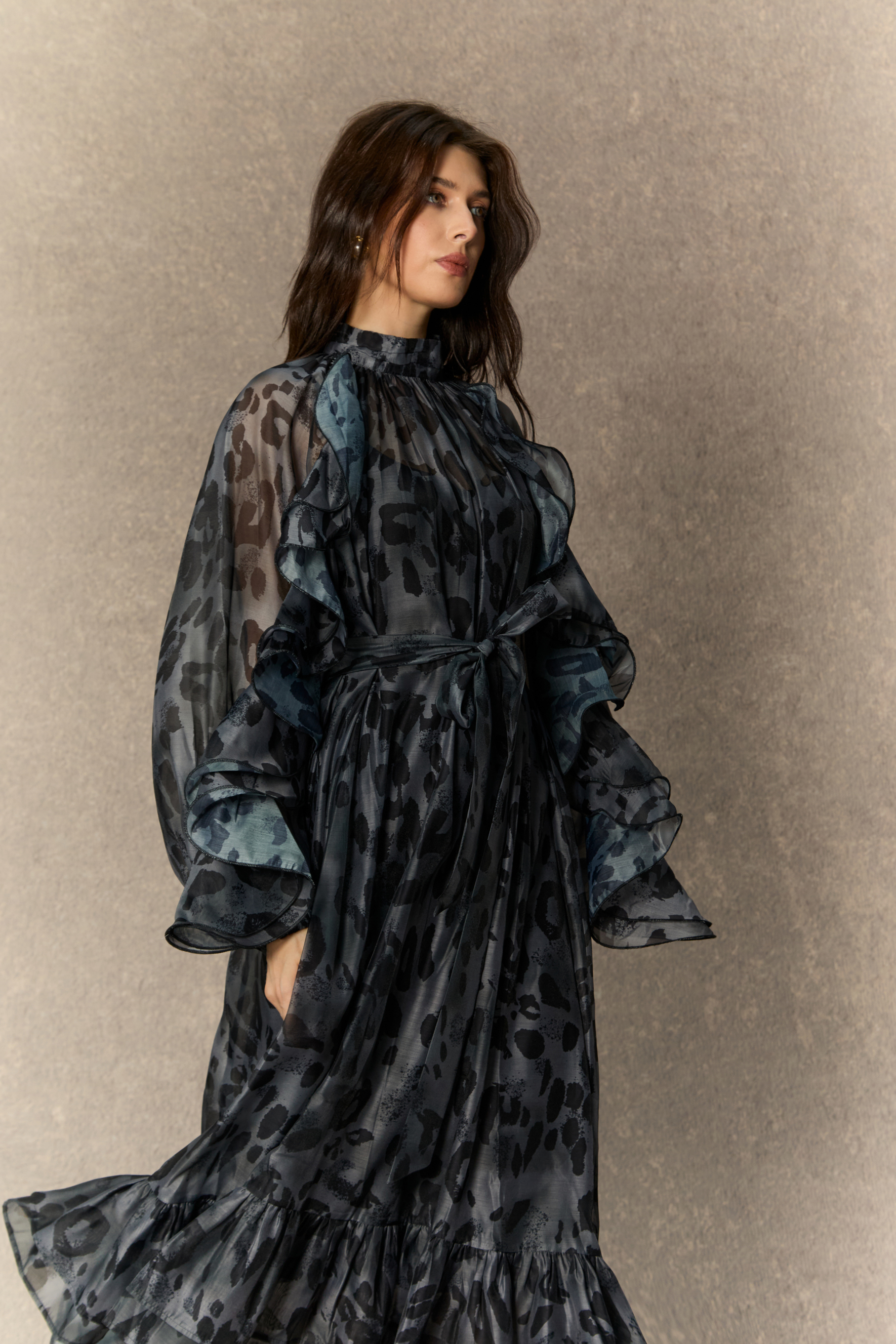 Wild Charm Black Leopard Print Ruffled Midi Dress