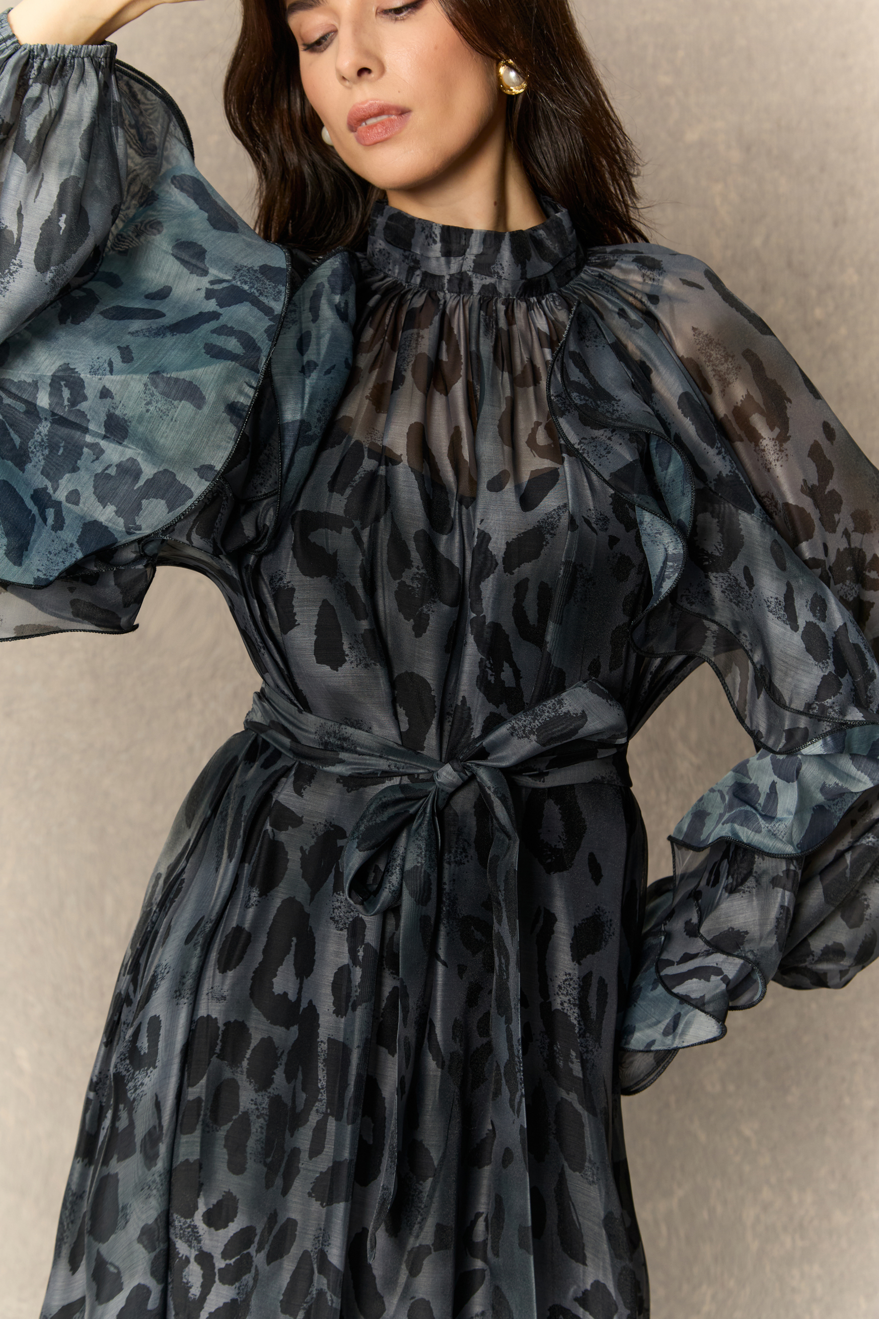 Wild Charm Black Leopard Print Ruffled Midi Dress