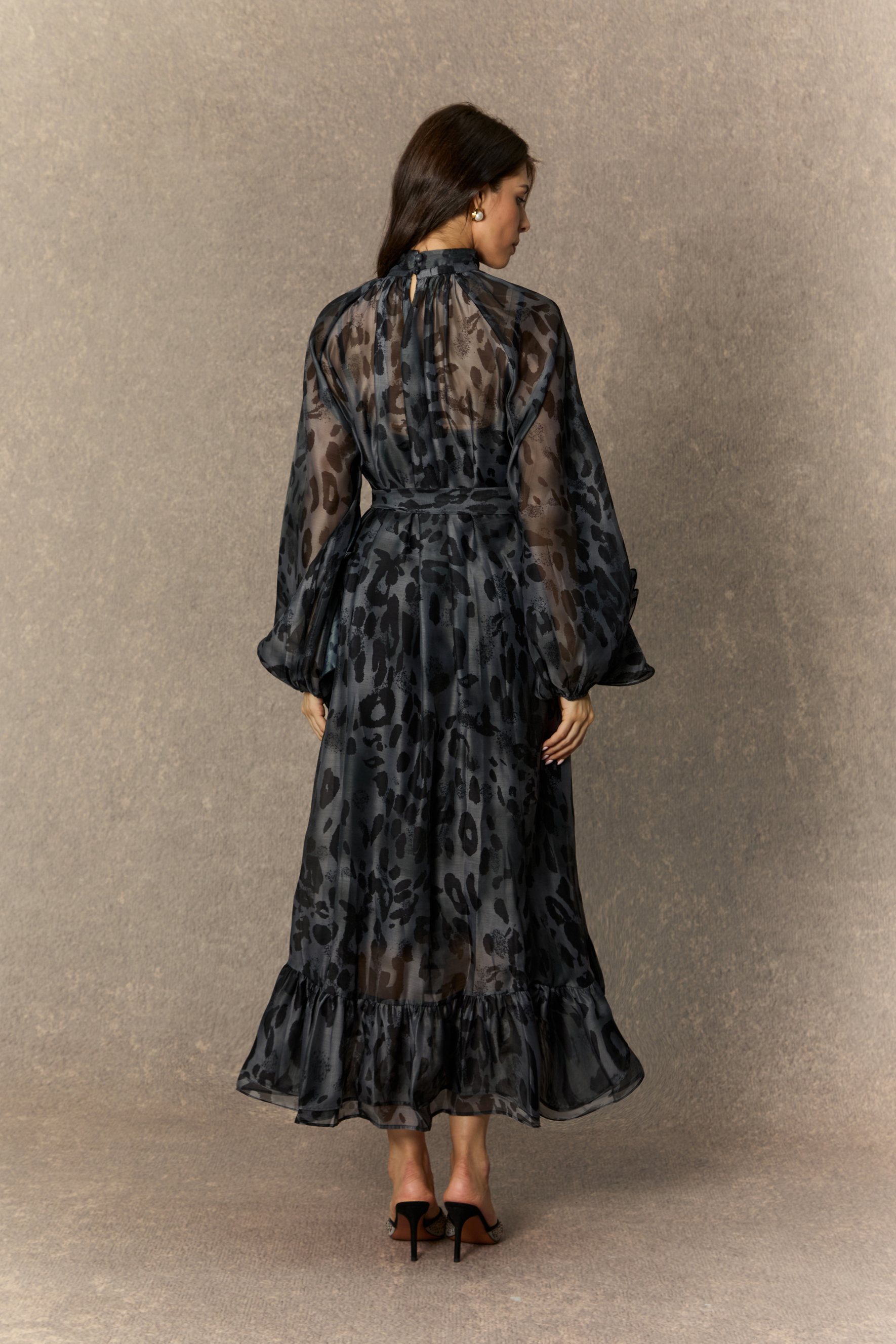 Wild Charm Black Leopard Print Ruffled Midi Dress