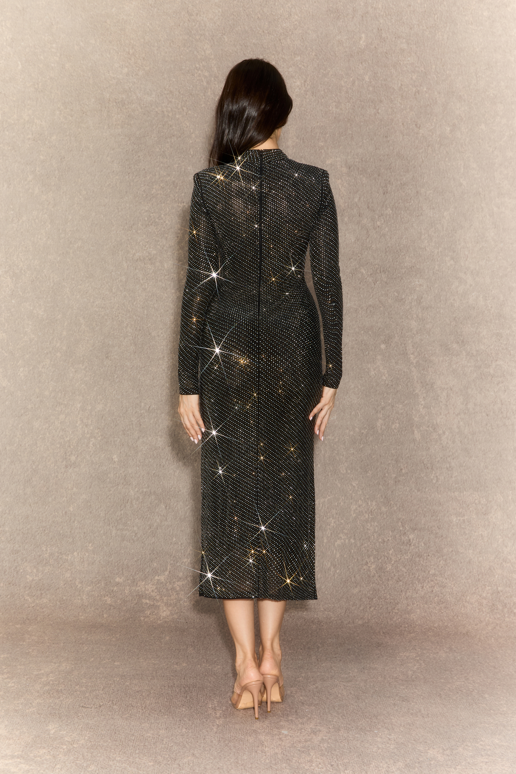 Enticing Shine Black Rhinestone Embellished Midi Dress