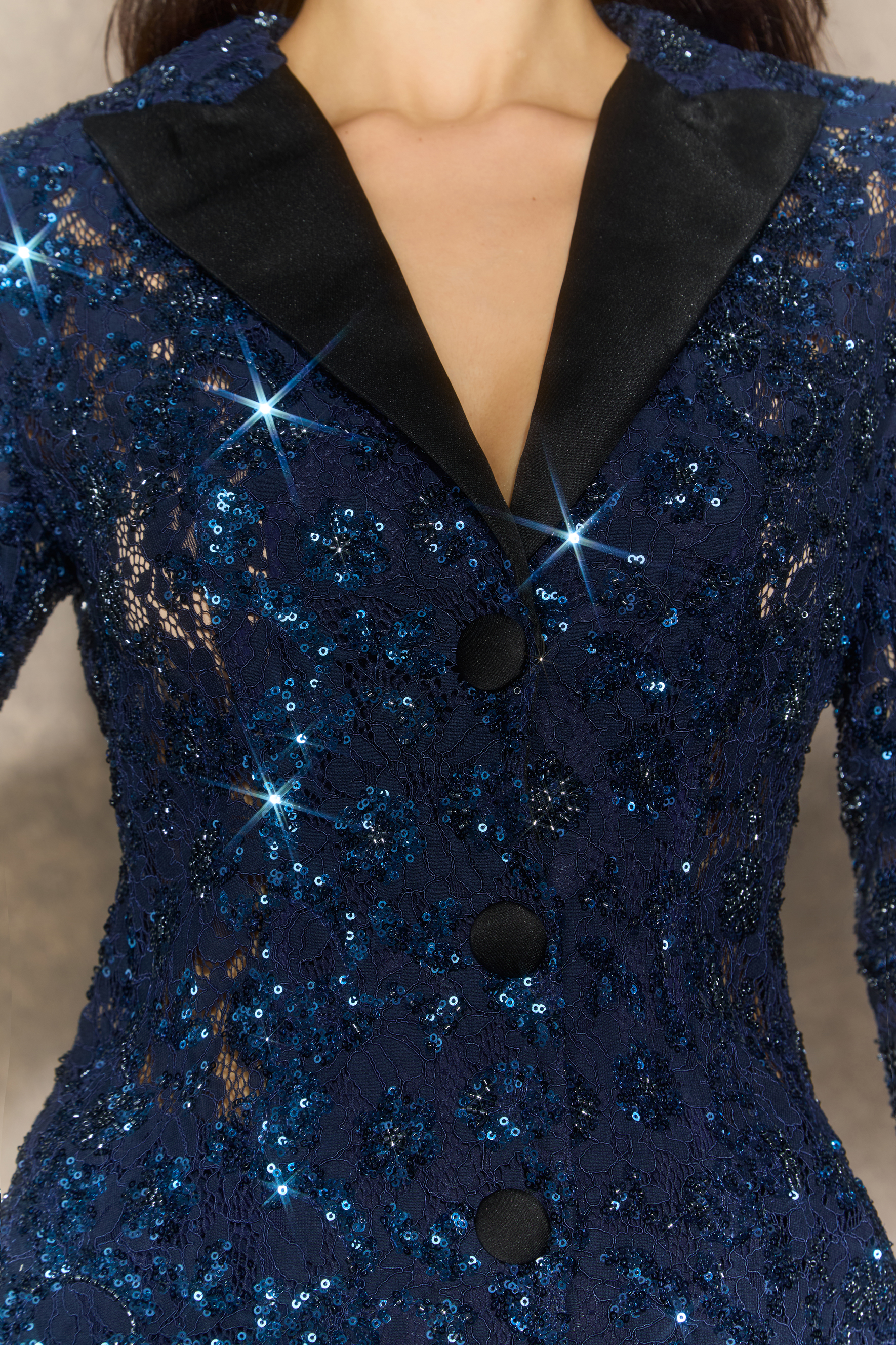 Prominent Sparkle Dark Blue Lace Sequin Blazer & Flared‑Leg Trousers Set