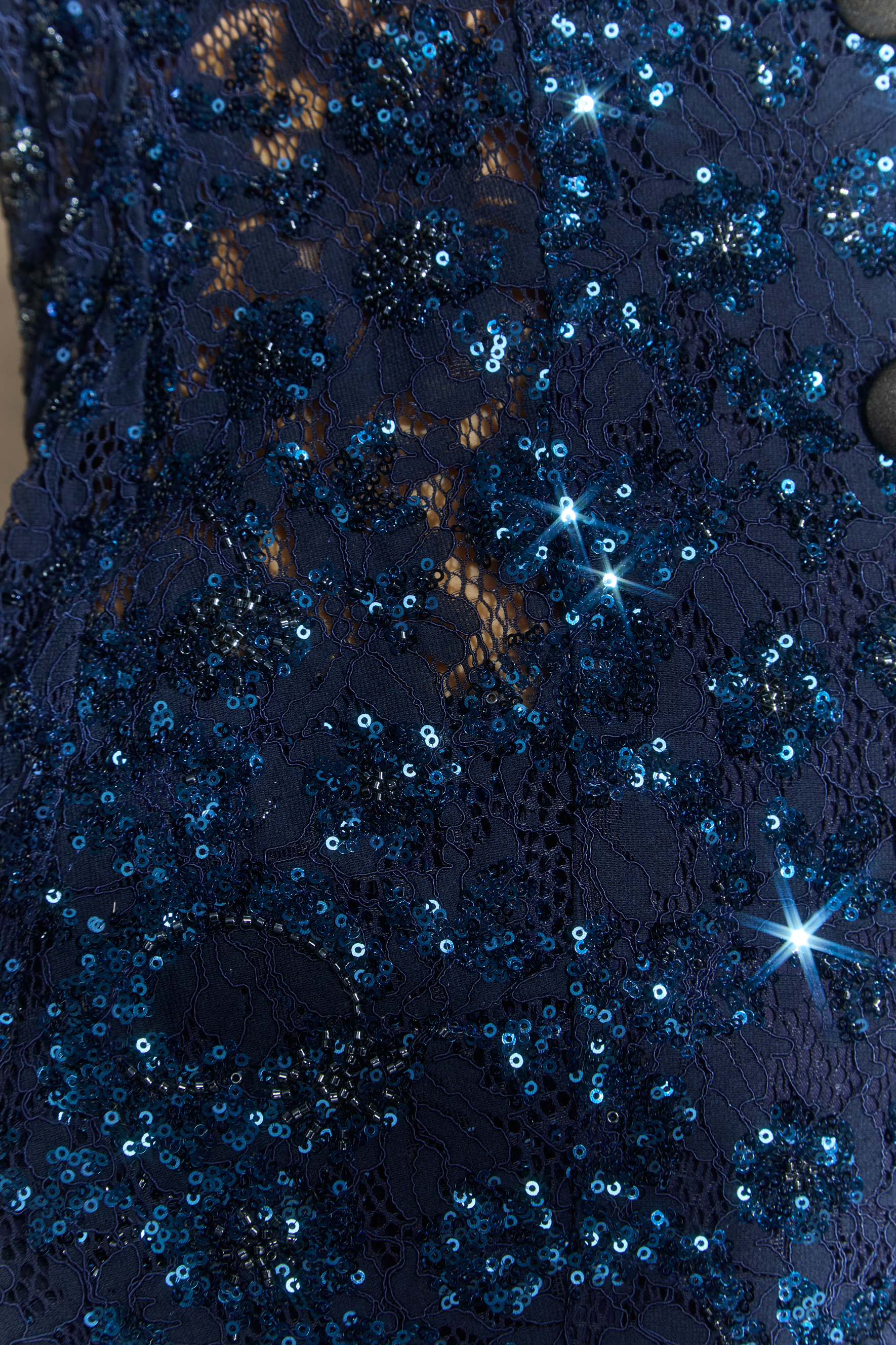 Prominent Sparkle Dark Blue Lace Sequin Blazer & Flared‑Leg Trousers Set
