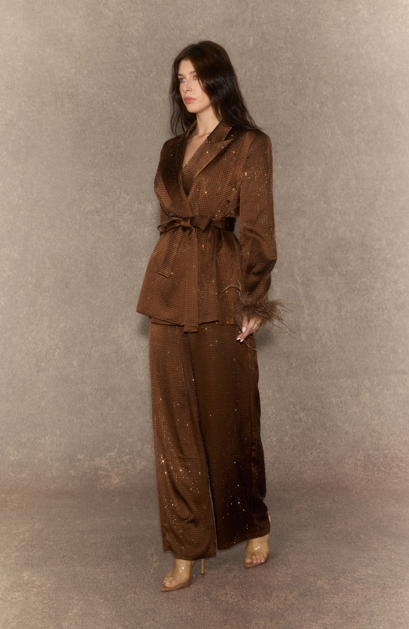 Suave Presence Brown Diamond Blazer & Wide Leg Pants Set