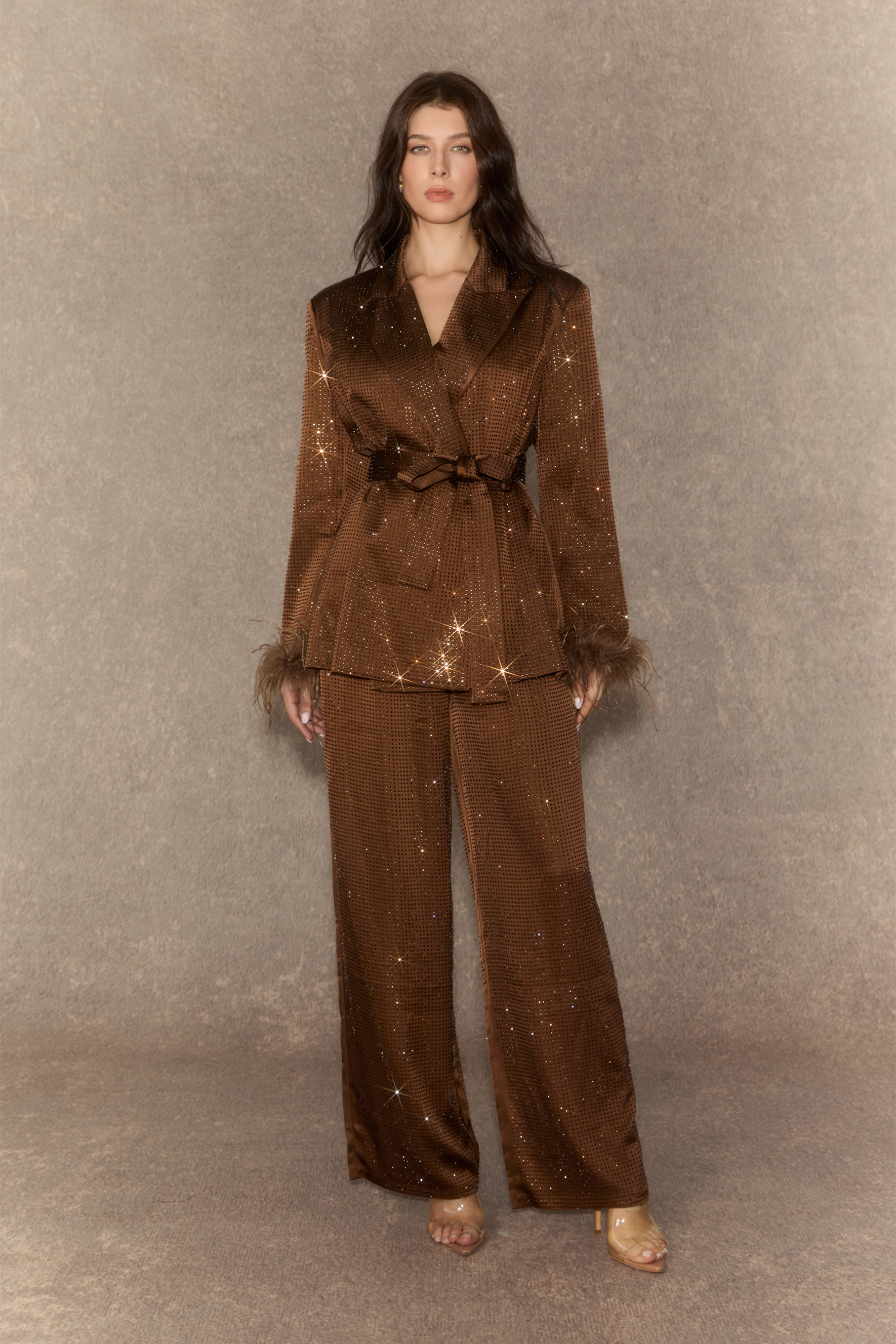 Suave Presence Brown Diamond Blazer & Wide Leg Pants Set