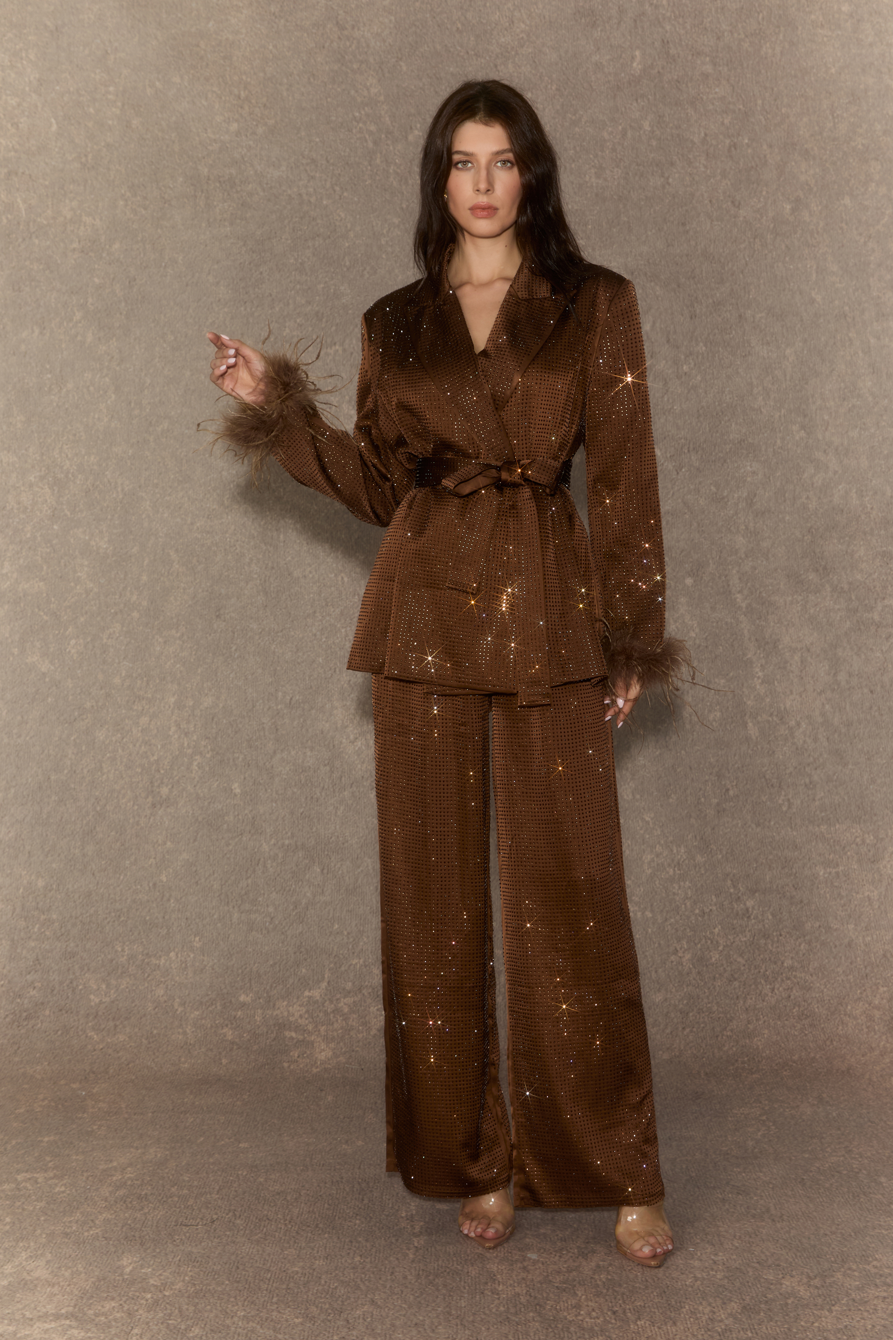 Suave Presence Brown Diamond Blazer & Wide Leg Pants Set