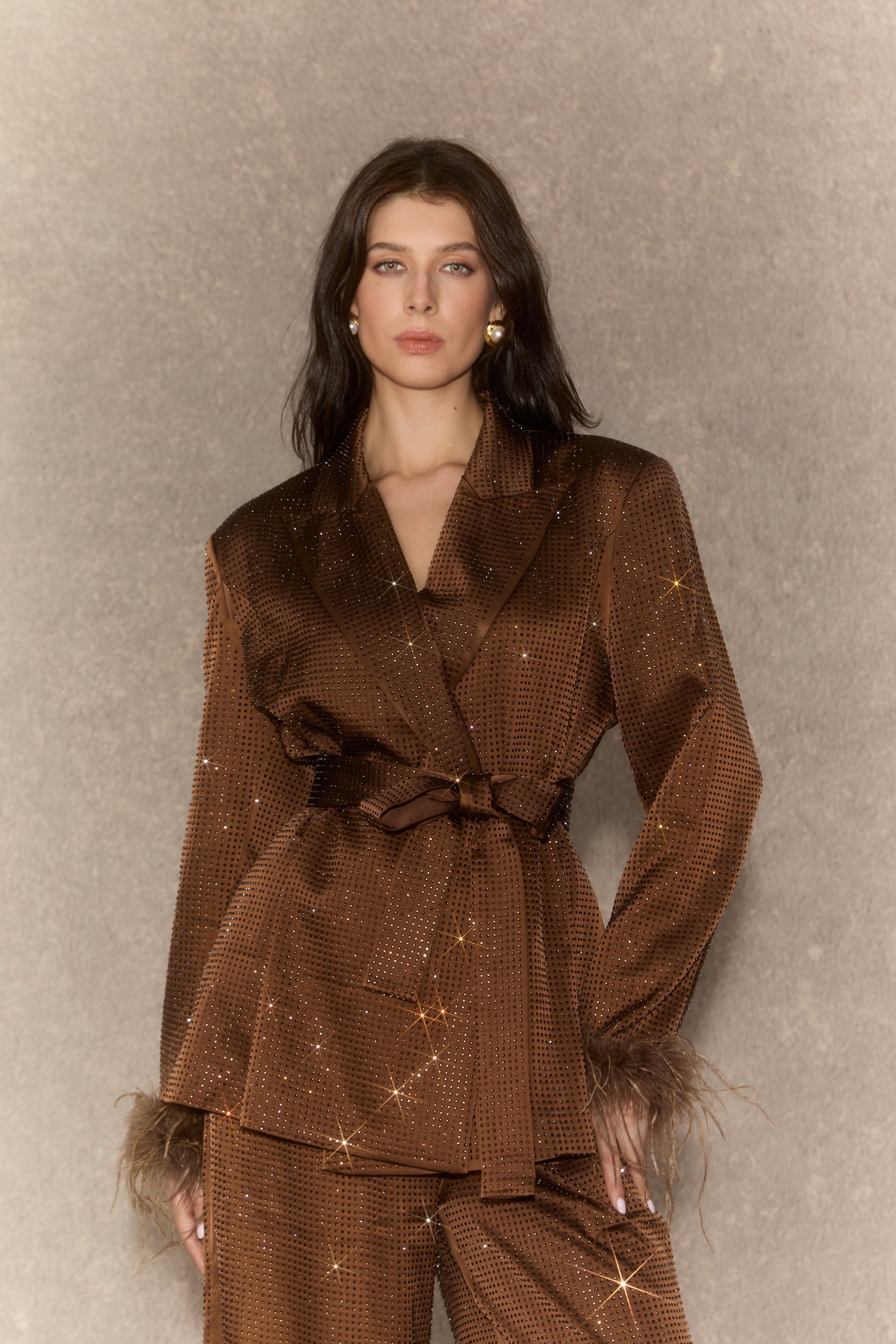 Suave Presence Brown Diamond Blazer & Wide Leg Pants Set