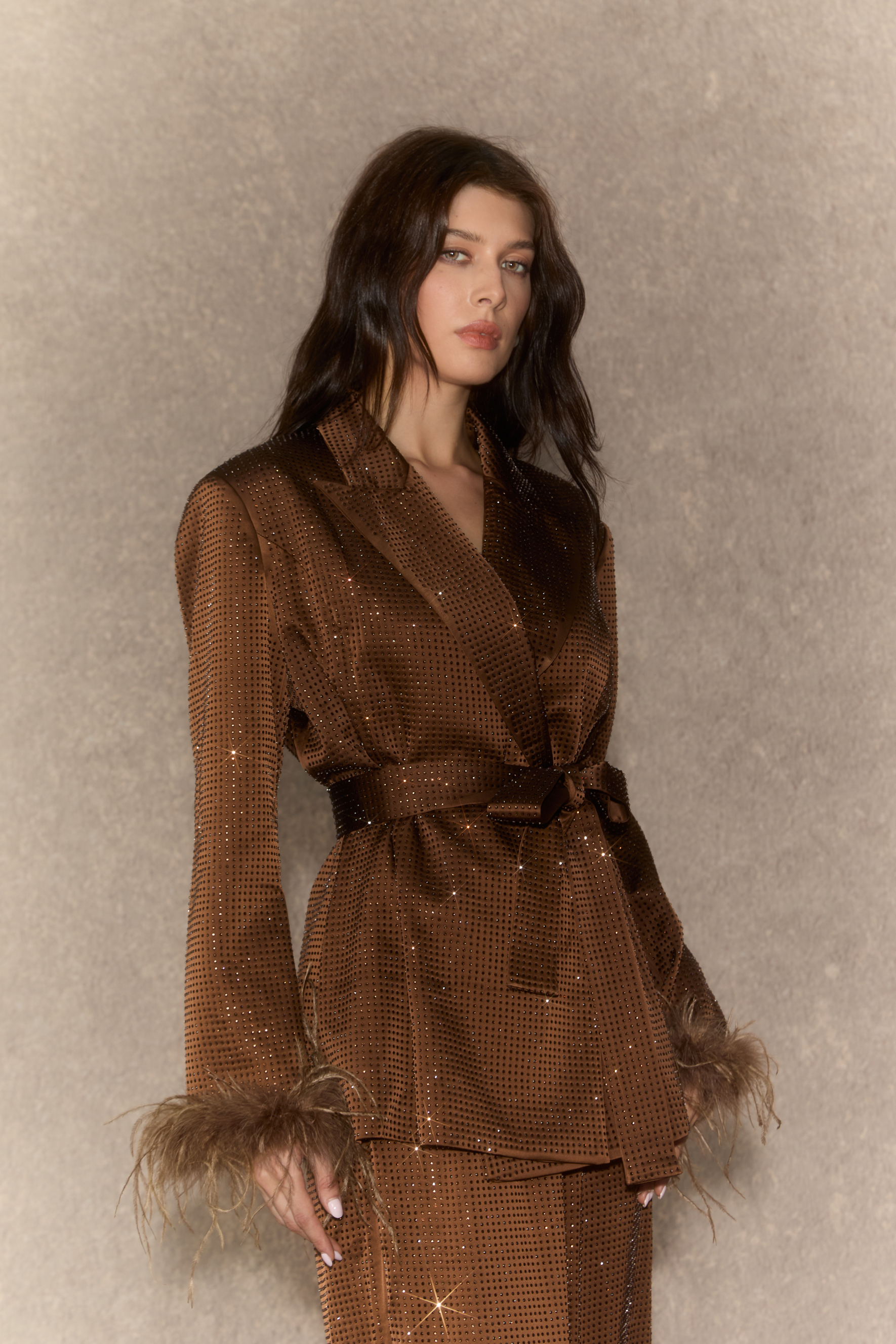 Suave Presence Brown Diamond Blazer & Wide Leg Pants Set