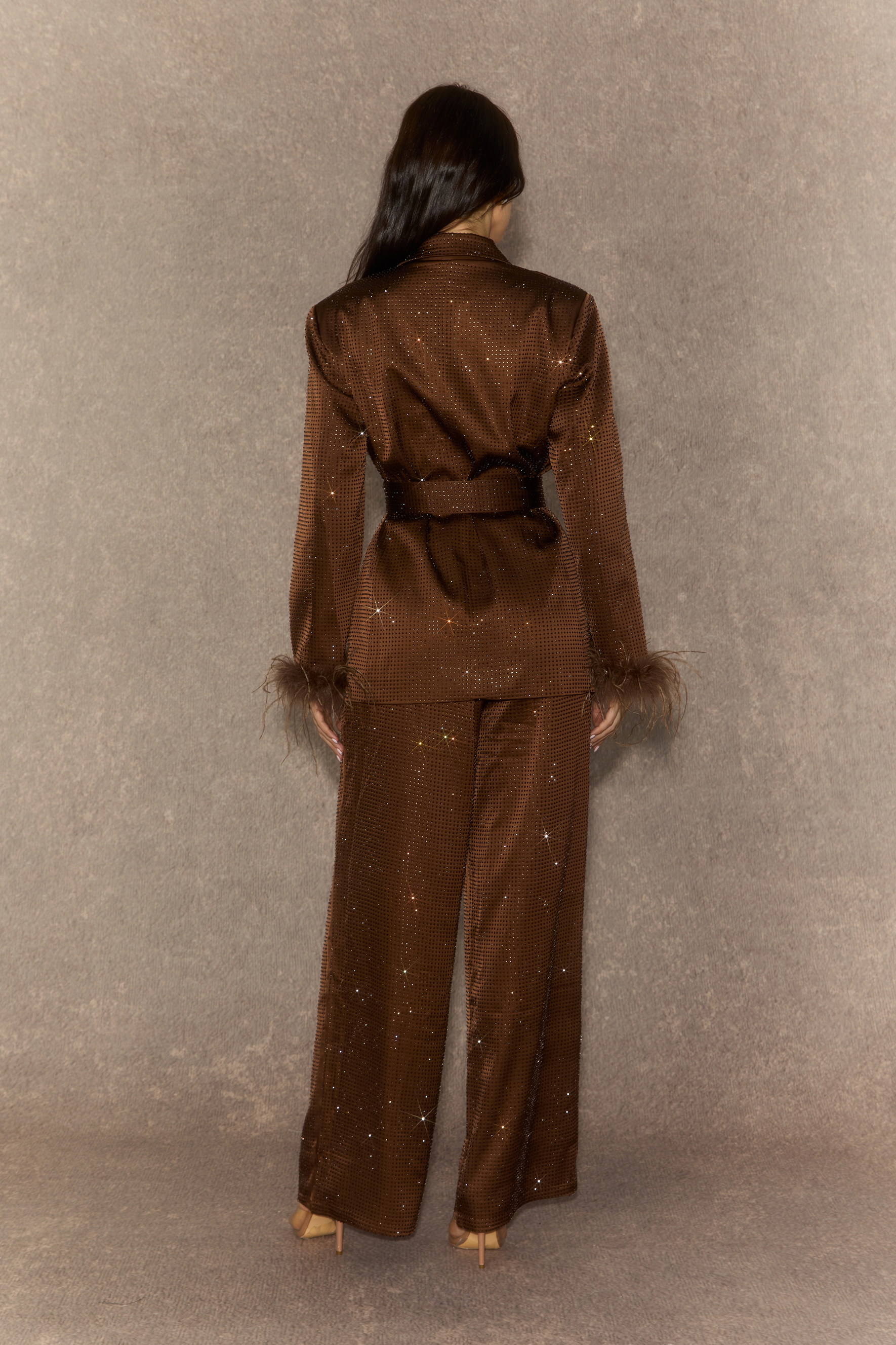 Suave Presence Brown Diamond Blazer & Wide Leg Pants Set