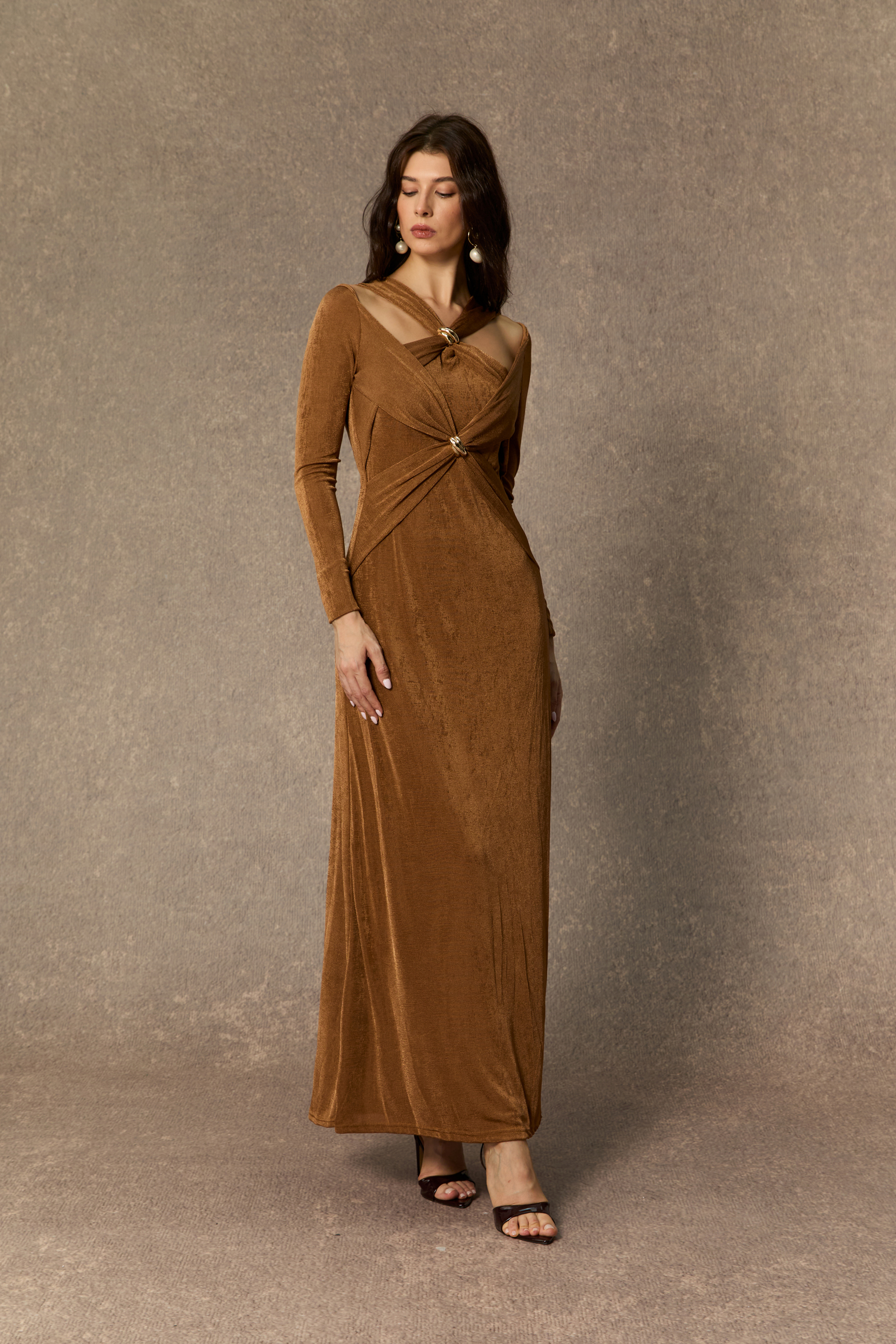 Whimsical Beauty Brown Crossover Bodice Maxi Dress
