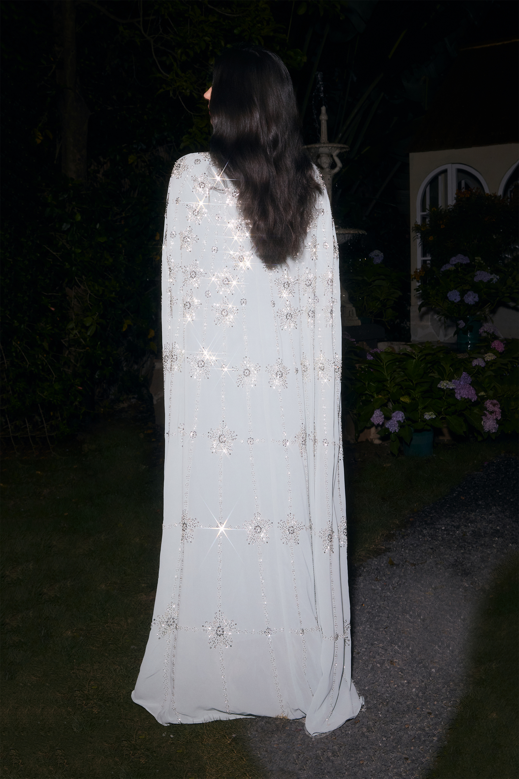 Glowing Charisma Light Blue Sequin Embellished Cape Maxi Dress