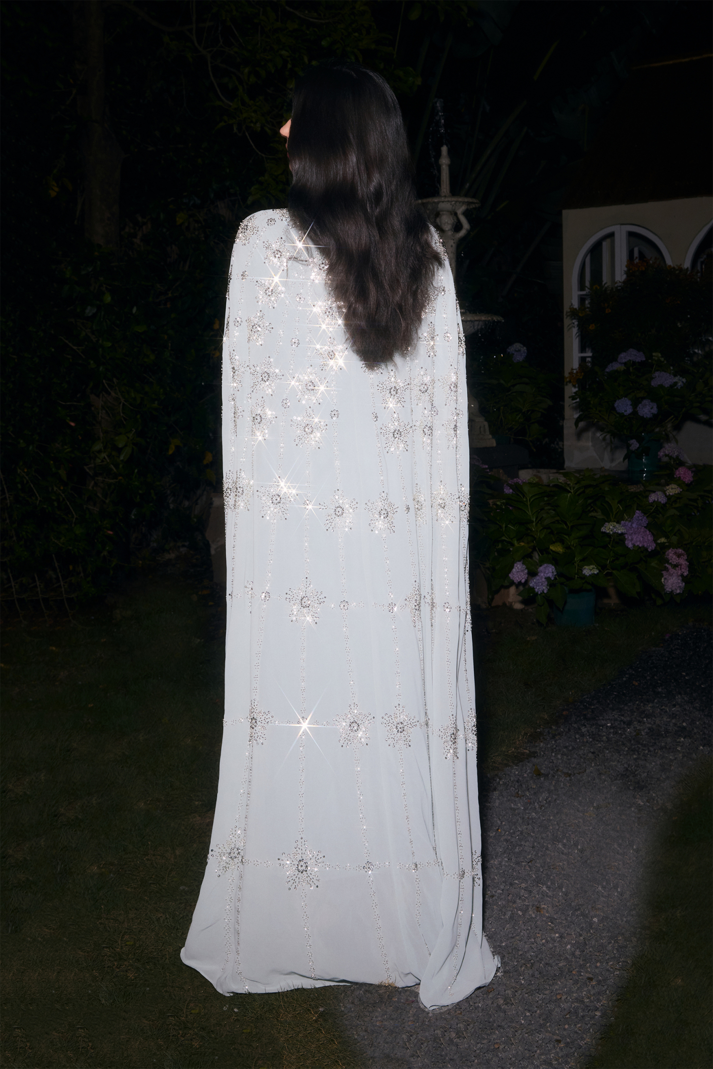 Glowing Charisma Light Blue Sequin Embellished Cape Maxi Dress