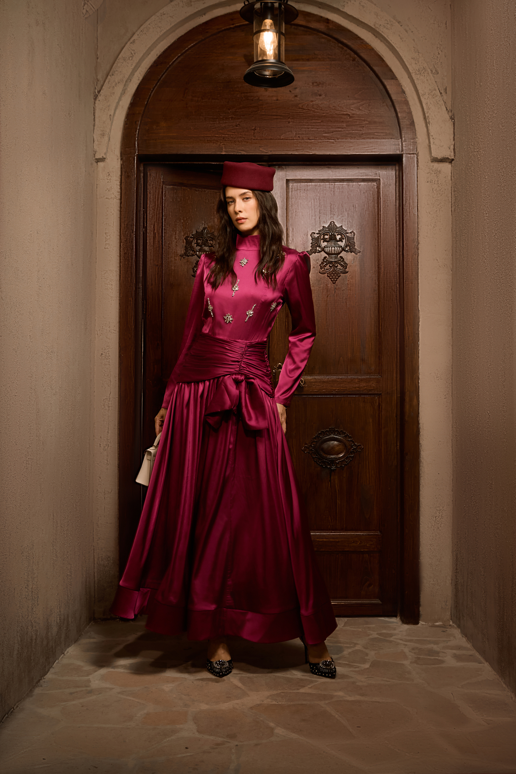 Flirtation Hour Burgundy Diamante Ruched Maxi Dress