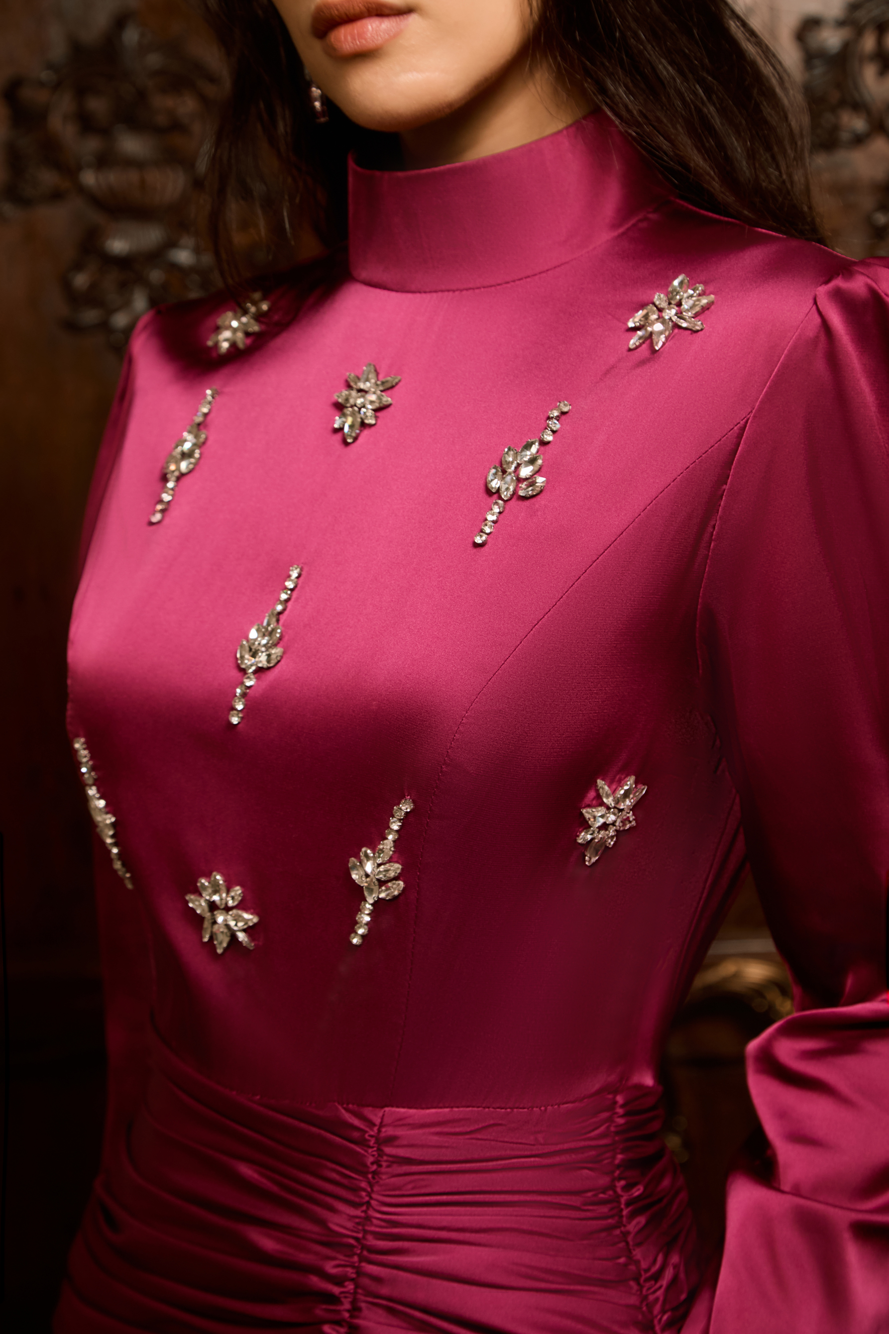 Flirtation Hour Burgundy Diamante Ruched Maxi Dress