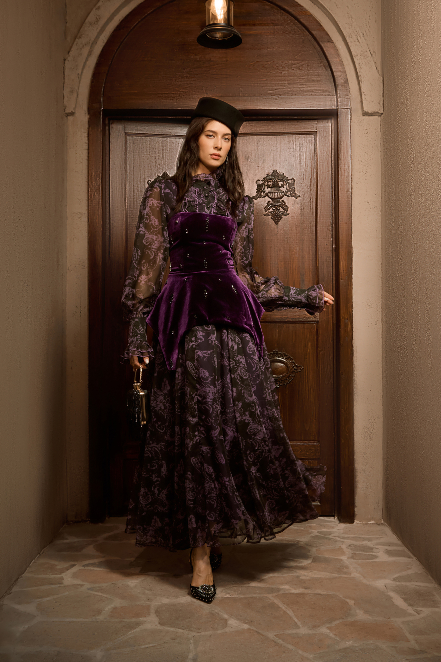 Mystique Beauty Purple Floral Print Velvet Maxi Dress