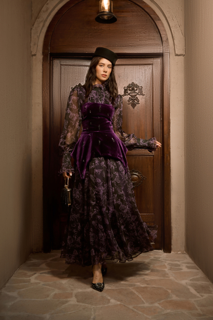 Mystique Beauty Purple Floral Print Velvet Maxi Dress
