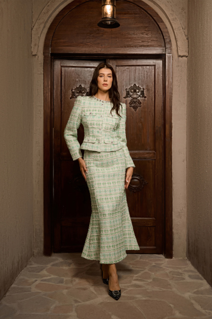 Power In Poise Mint Green Tweed Crystal Trim Top & Skirt Set