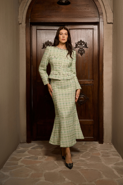 Power In Poise Mint Green Tweed Crystal Trim Top & Skirt Set