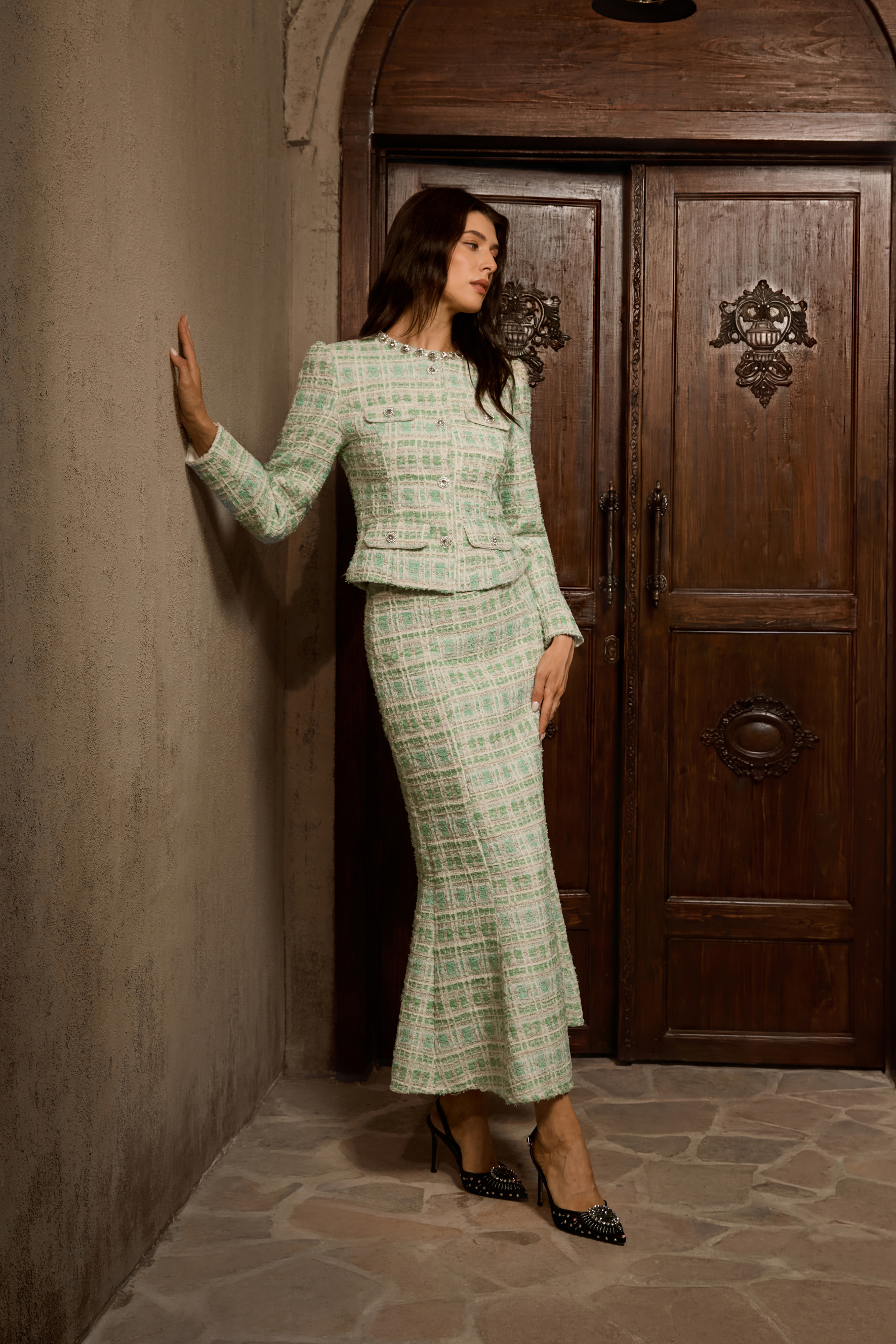 Power In Poise Mint Green Tweed Crystal Trim Top & Skirt Set