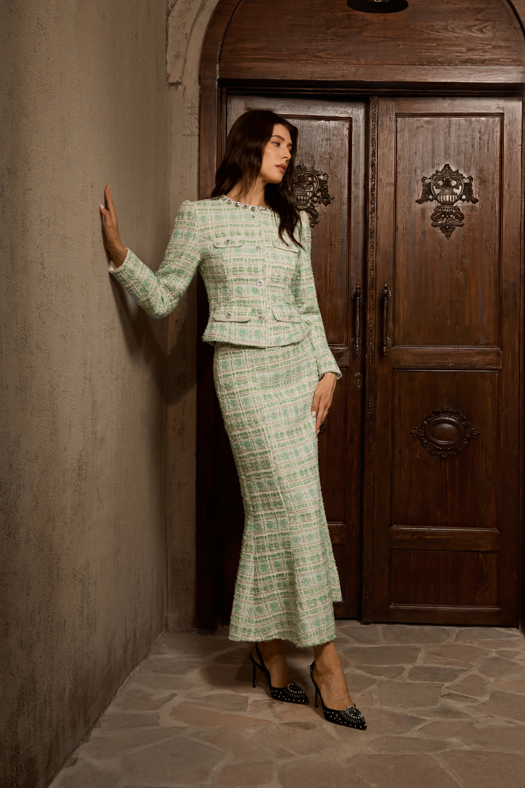 Power In Poise Mint Green Tweed Crystal Trim Top & Skirt Set