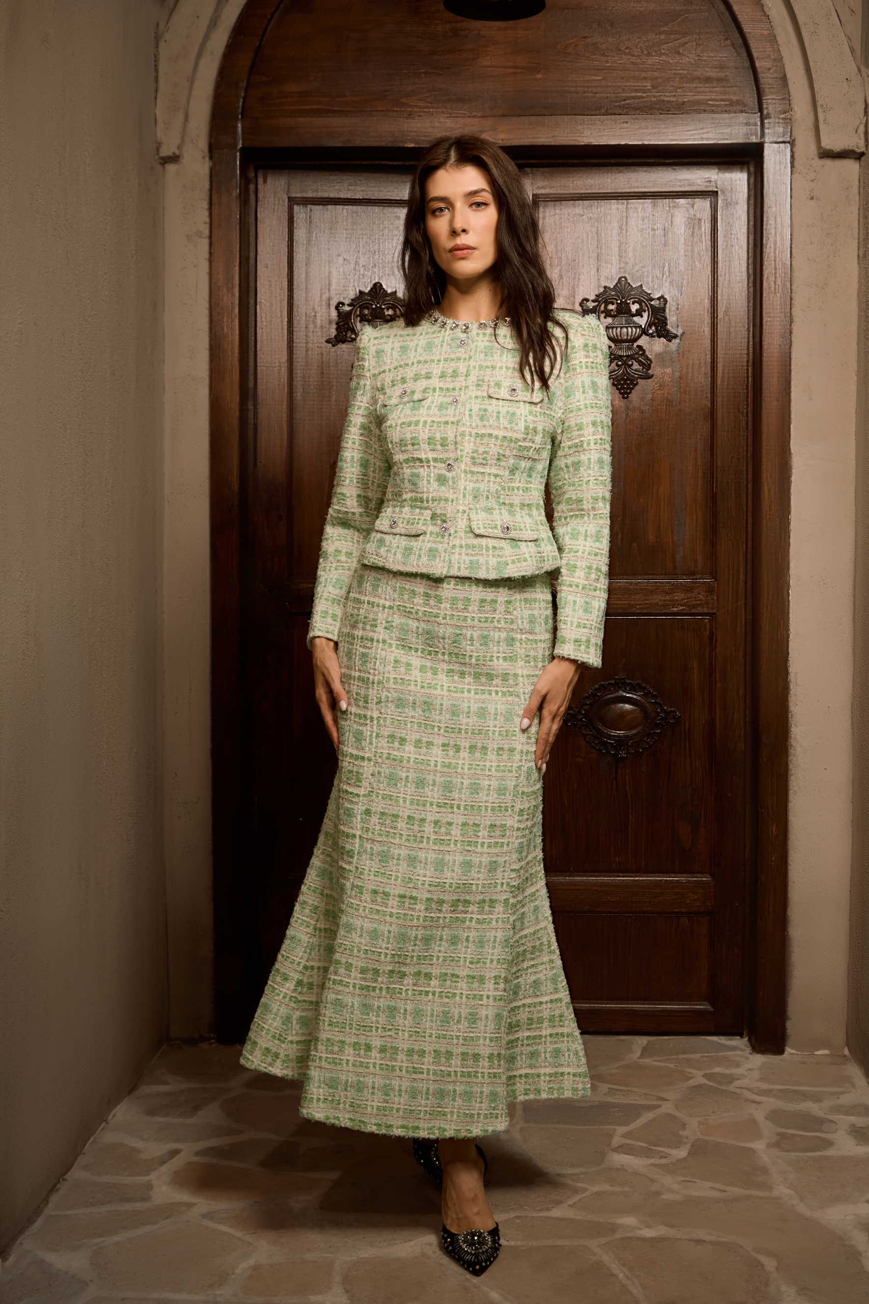 Power In Poise Mint Green Tweed Crystal Trim Top & Skirt Set