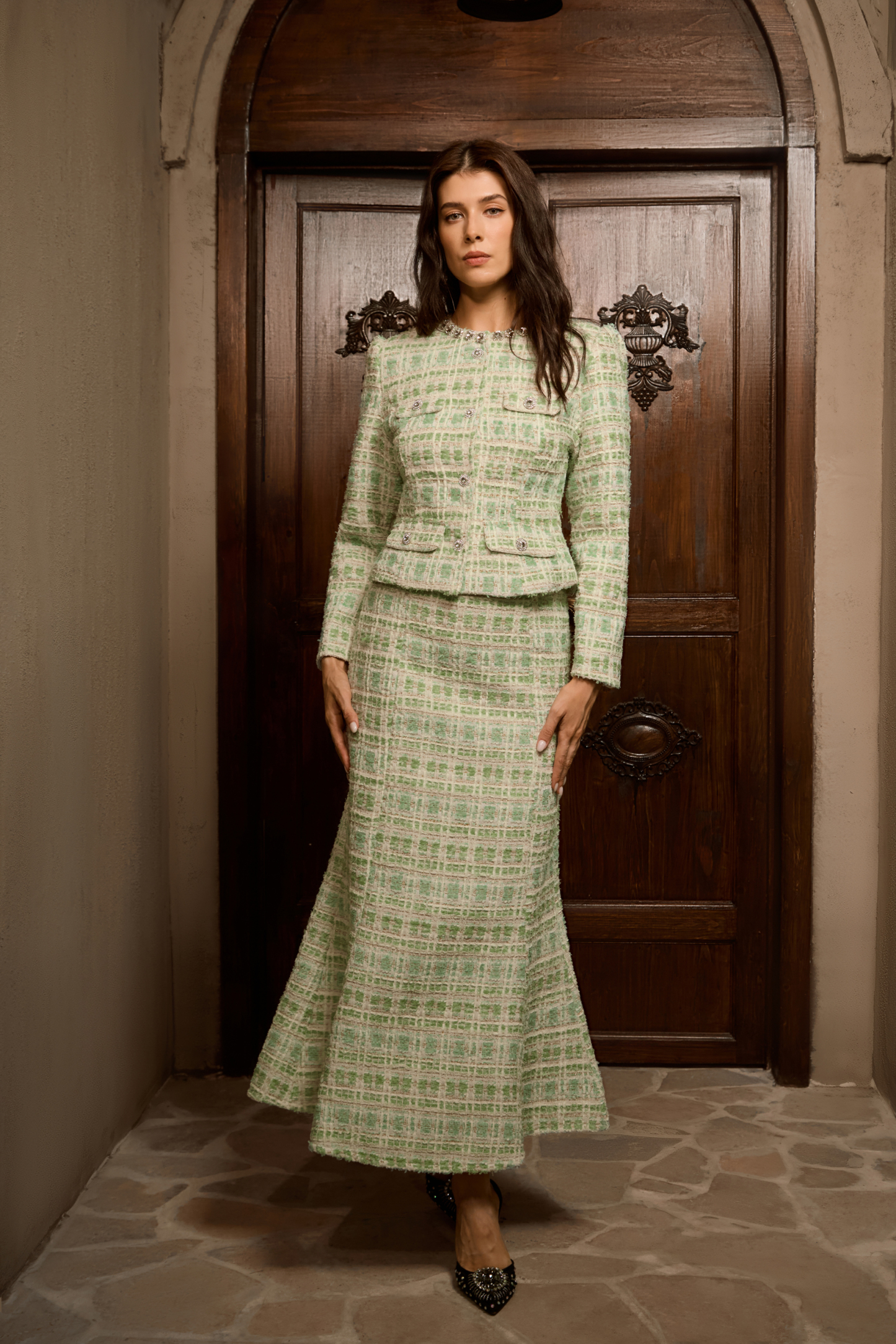 Power In Poise Mint Green Tweed Crystal Trim Top & Skirt Set