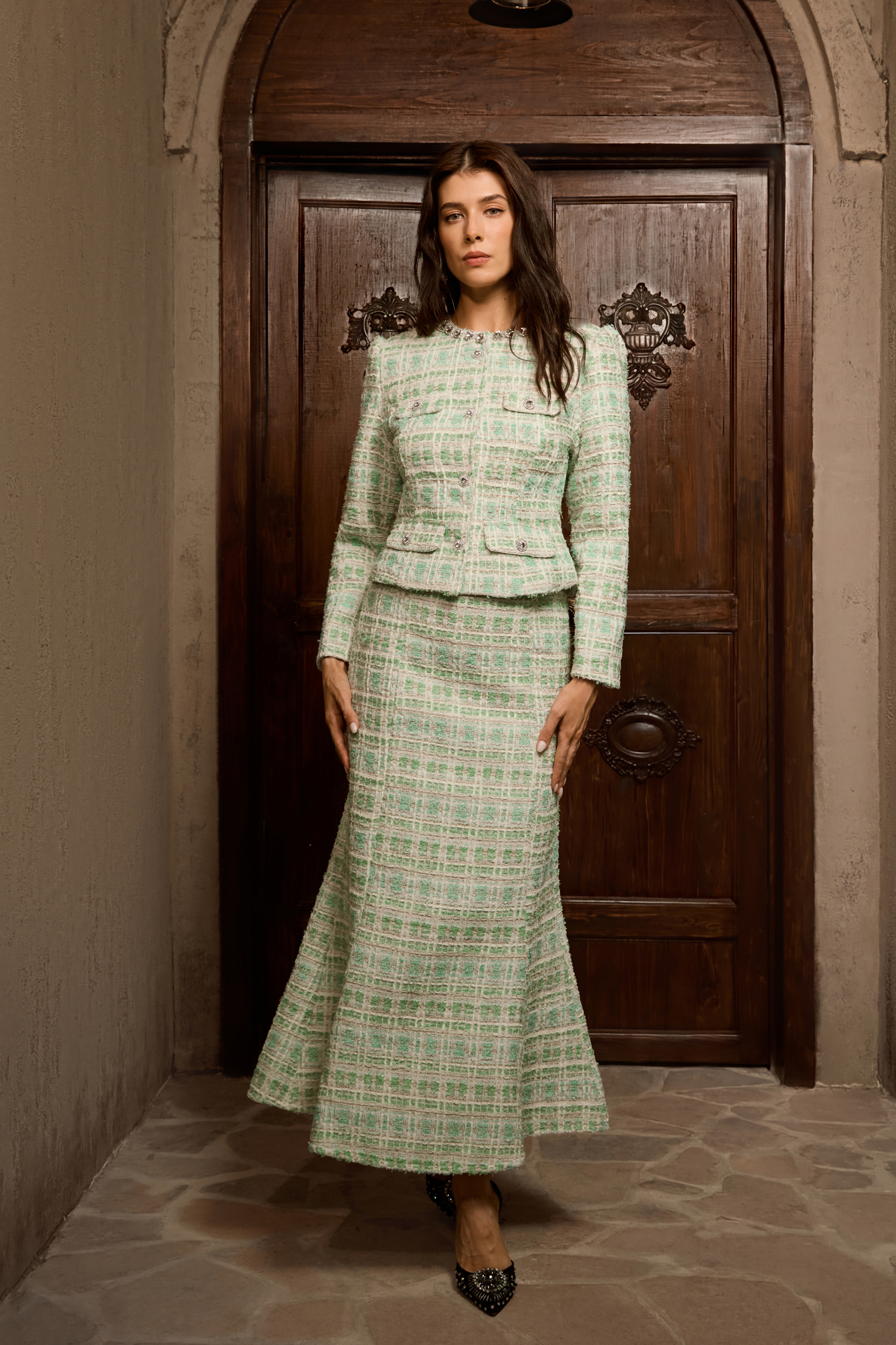Power In Poise Mint Green Tweed Crystal Trim Top & Skirt Set