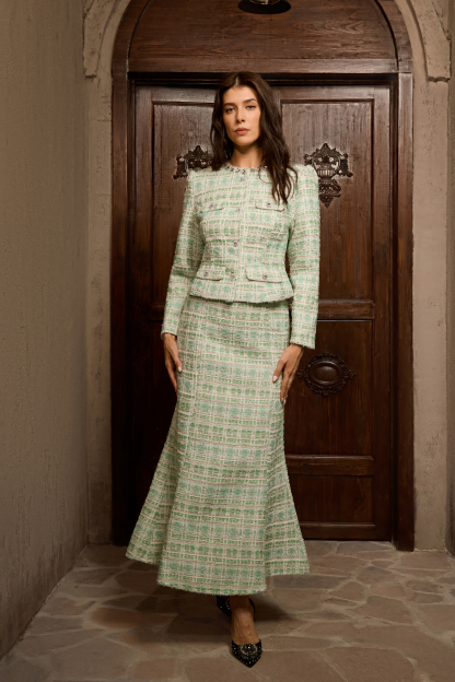 Power In Poise Mint Green Tweed Crystal Trim Top & Skirt Set