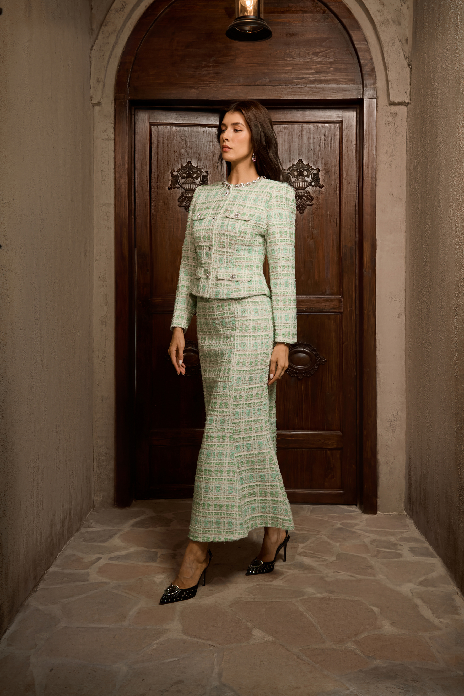 Power In Poise Mint Green Tweed Crystal Trim Top & Skirt Set