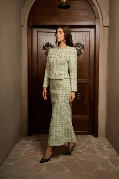 Power In Poise Mint Green Tweed Crystal Trim Top & Skirt Set